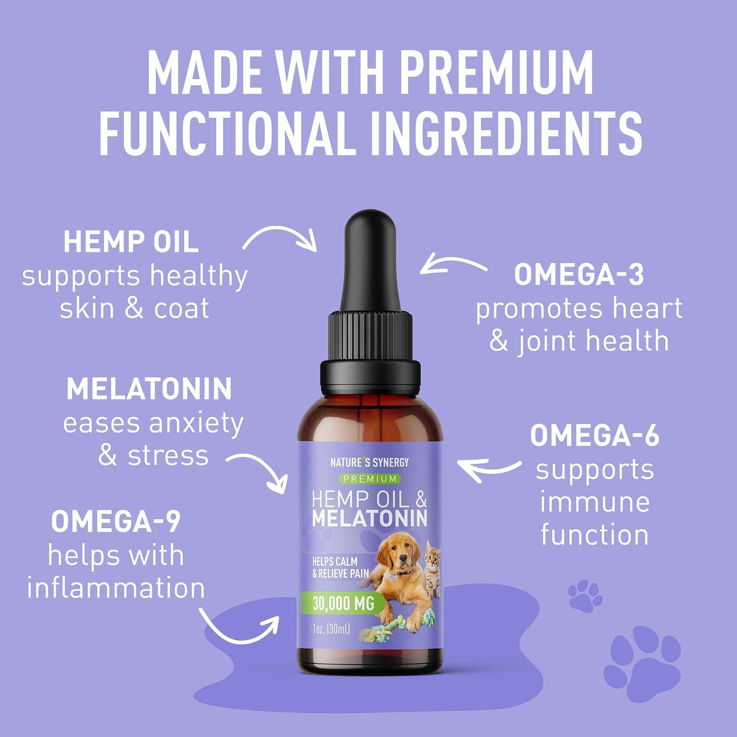Nature's Synergy Melatonin and Hemp Oil for Dogs, Cats & Pets, Calming Sleep Support, Omega Fatty Acids for Hip and Joint Support, Skin and Coat Health, Stress from Travel, Separation, 1 Oz - Image 5
