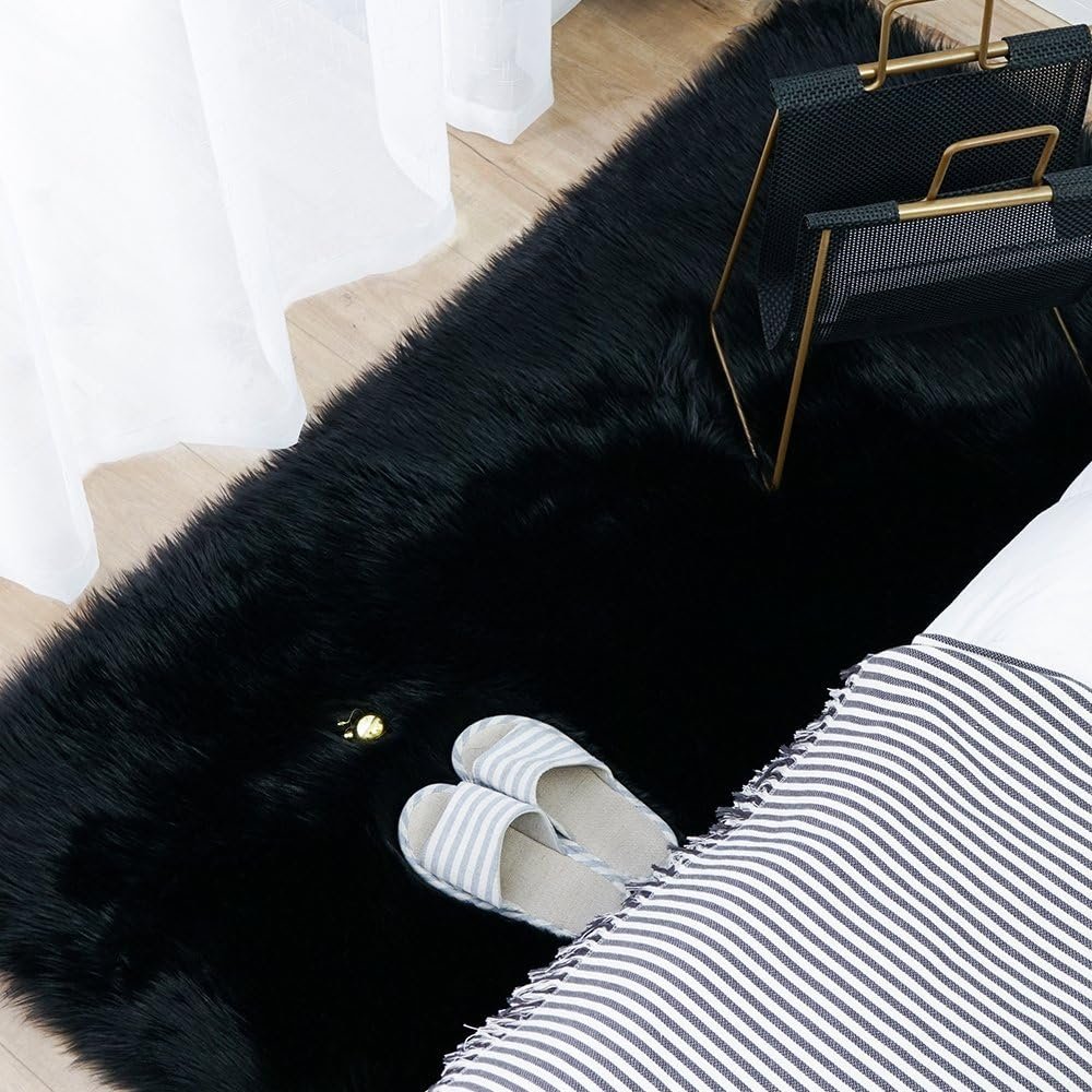 Carvapet Luxury Soft Faux Sheepskin Fur Area Rugs for Bedside Floor Mat Plush Sofa Cover Seat Pad for Bedroom, 2.3ft x 5ft,Black - Image 3