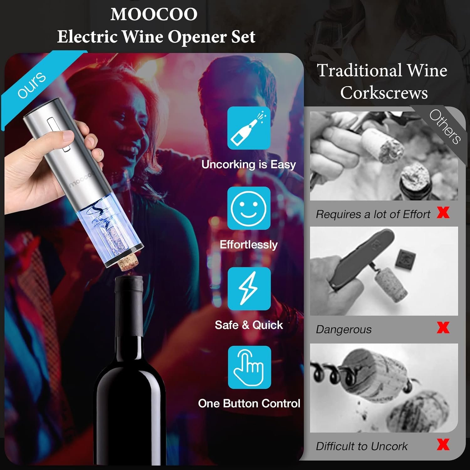 Electric Wine Opener with Charging Base, Moocoo Stainless Steel Automatic Electric Wine Bottle Corkscrew Opener Gift Set with 2-in-1 Aerator & Pourer, Foil Cutter, 2 Vacuum Stoppers, Rechargeable - Image 3