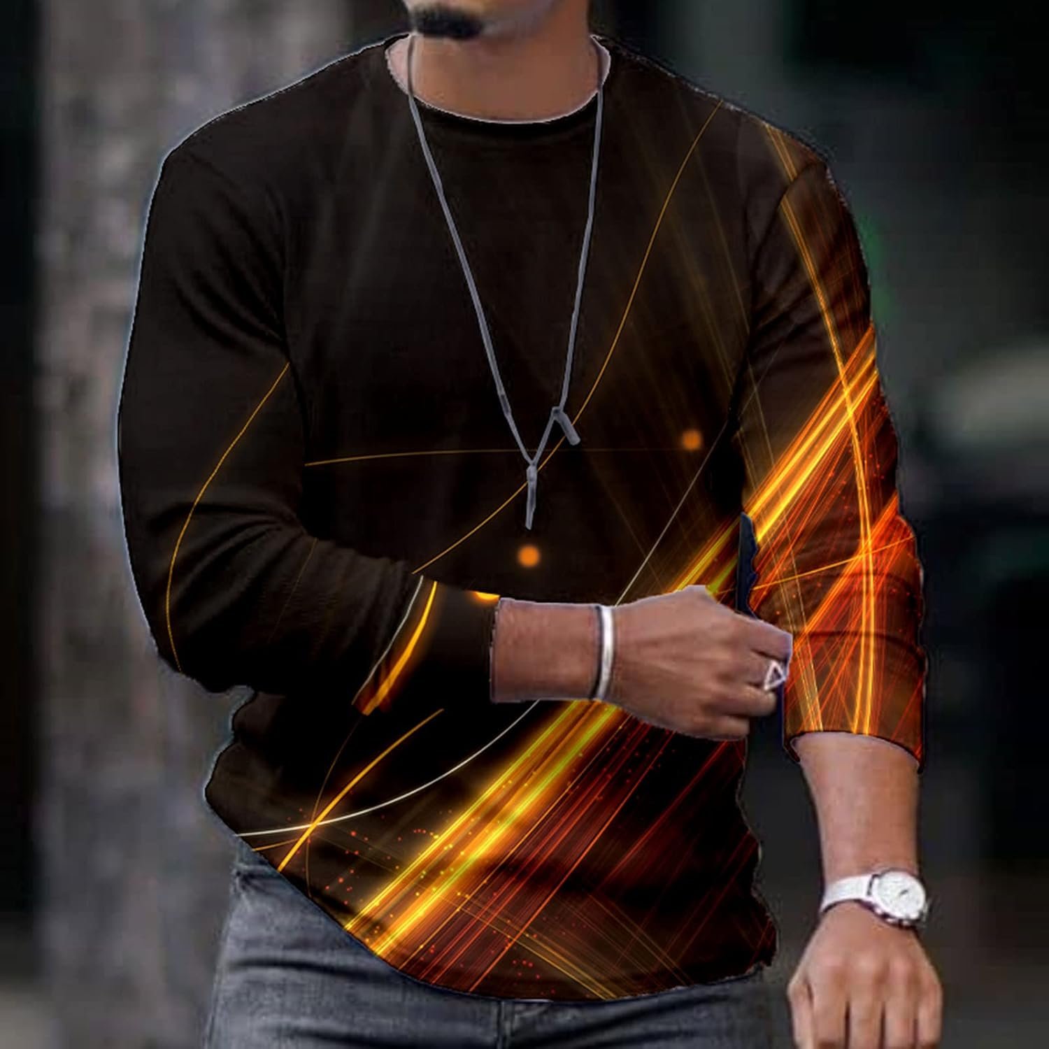 Muscularfit Mens Shirts Graphic Design Long Sleeve Crewneck Sweatshirt Fashion Flame Print Causal Loose Pullover Fall Outfits - Image 3