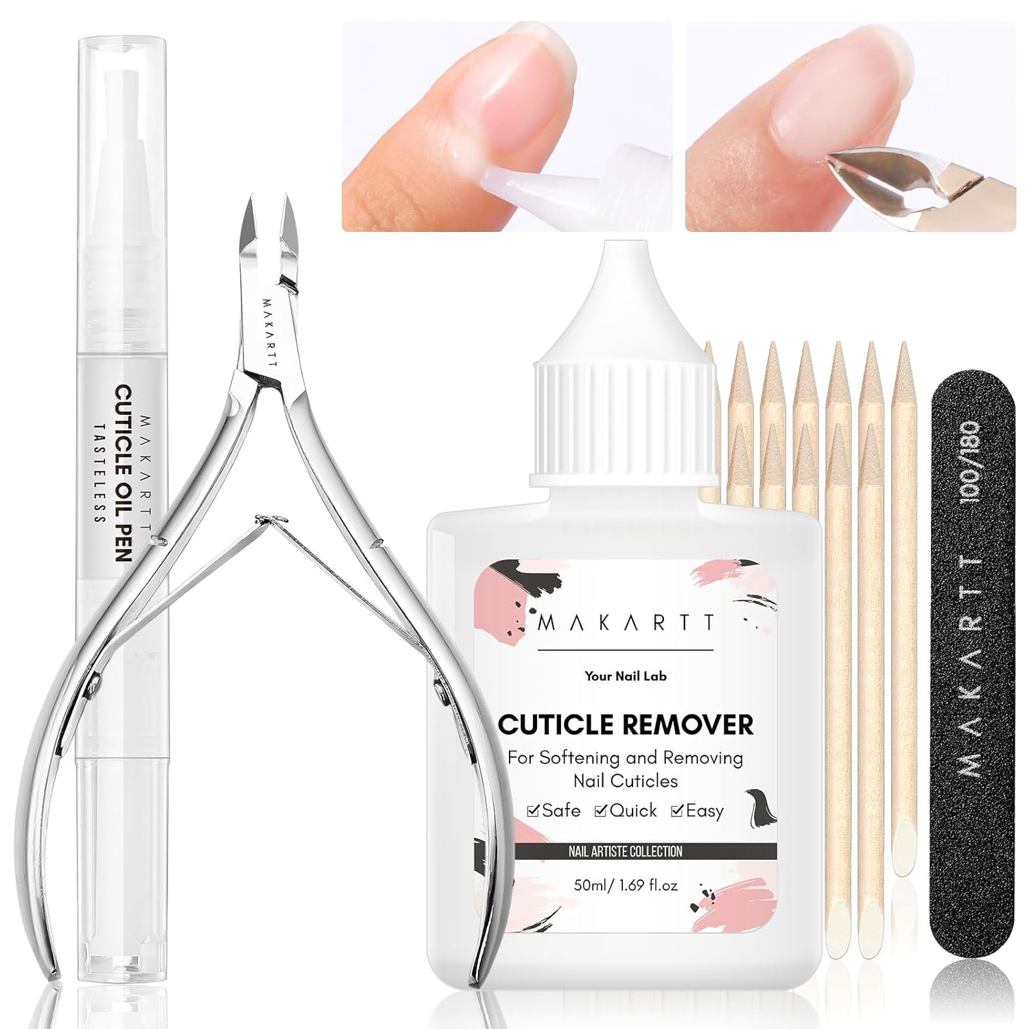 Makartt Cuticle Remover Kit, Nail Care Kit with 50ml Cuticle Softener, Cuticle Trimmer, Cuticle Oil Pen, Nail File & Cuticle Sticks, Manicure Kit for Cuticle Prep & Moisturize Salon Home Use - Image 2