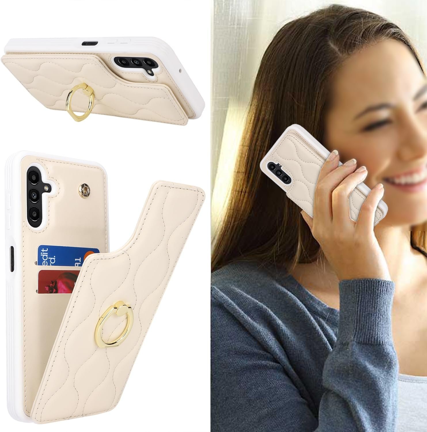 for Samsung Galaxy A14 5G Case with Card Holder,Credit Card Holder,Stand Ring Kickstand,Phone Wallet Case for Women 6.6"(Beige) - Image 5