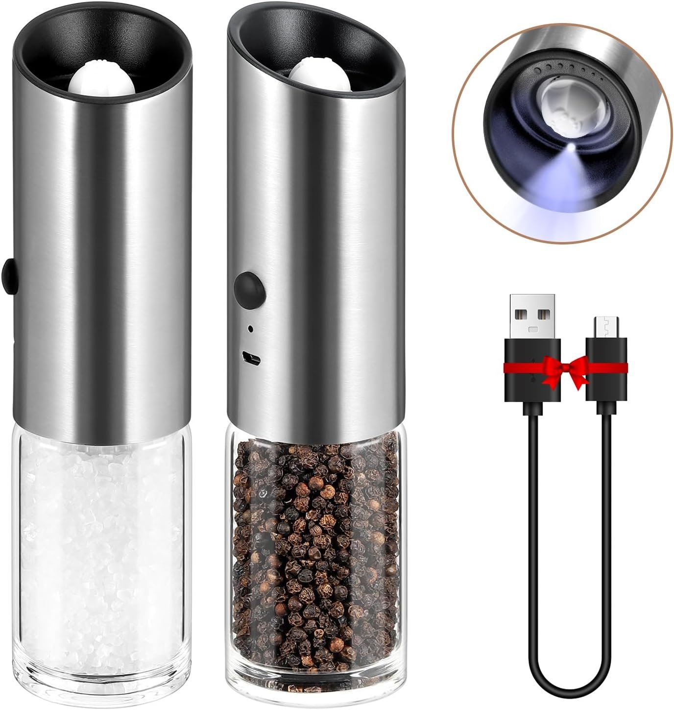 VEVOK CHEF Electric Salt and Pepper Grinder Set Rechargeable with LED Light USB Automatic Gravity Stainless Steel Pepper Mill Spice Grinder Adjustable Coarseness - Image 2