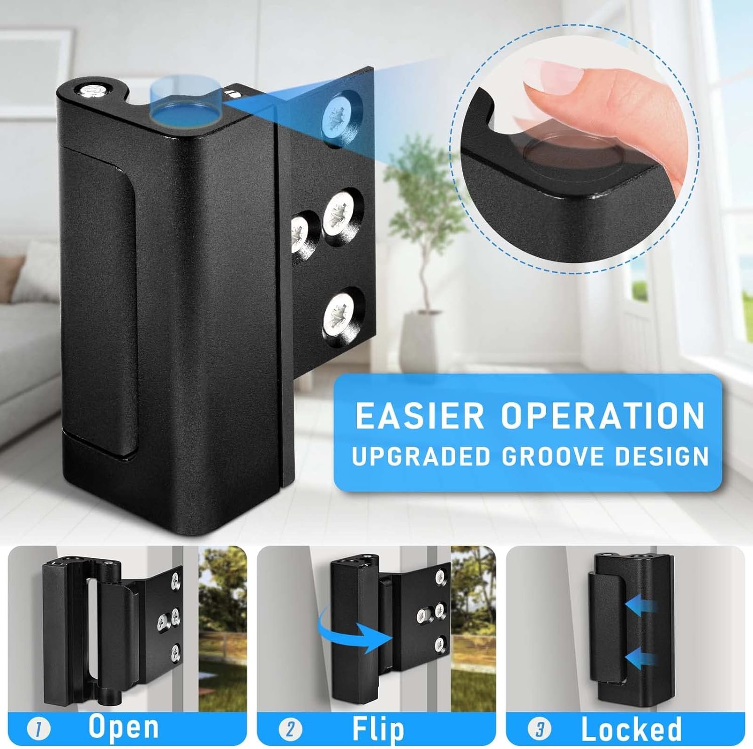 3Pack Home Security Door Reinforcement Lock, Childproof Safety Door Lock Latch Inside Stopper, Add High Security to Prevent Home Unauthorized Entry, Aluminum Construction Finish Black - Image 6