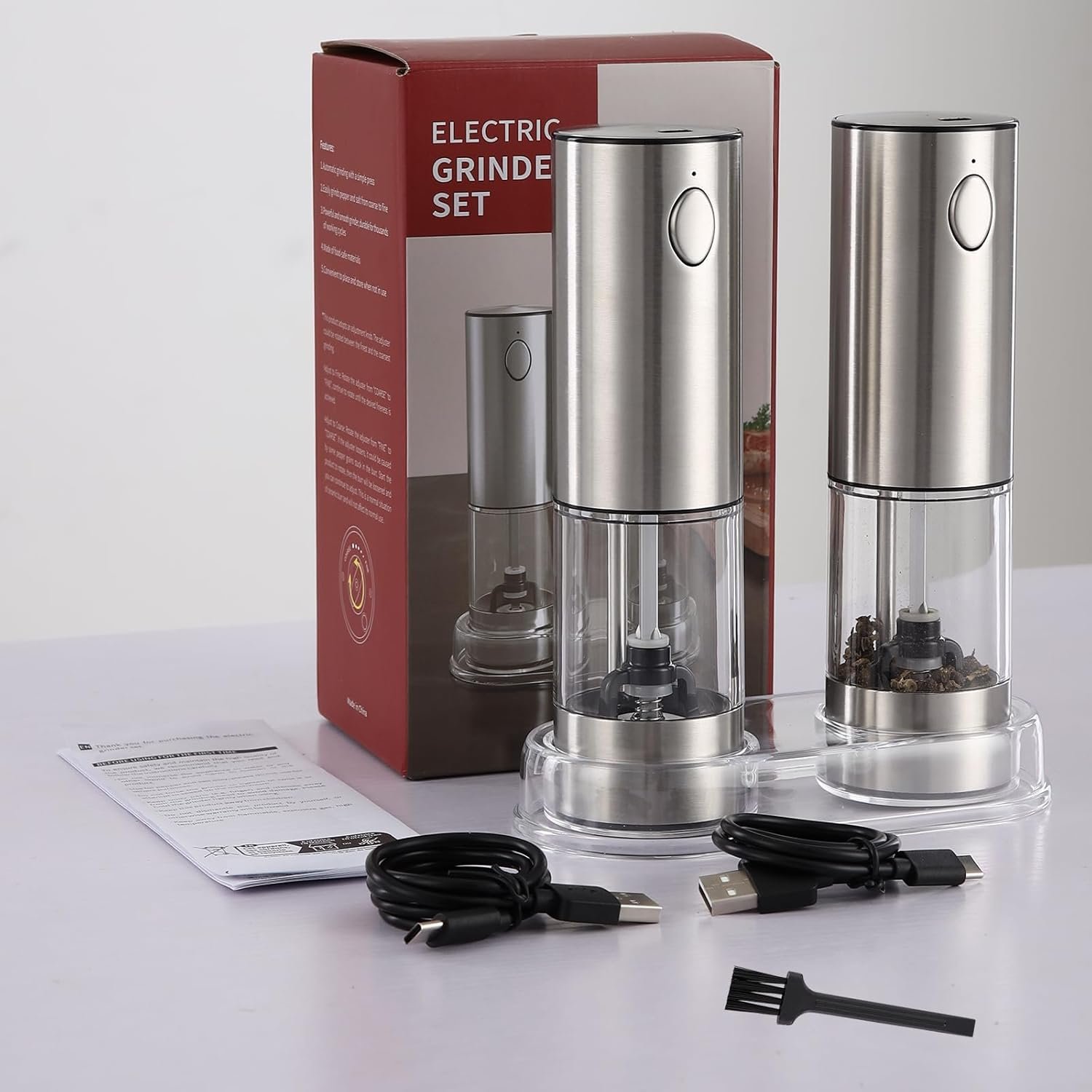 Electric Salt and Pepper Grinder Set, Stainless Steel Automatic Pepper Mill Grinder with 5 Adjustable Coarseness, One Hand Operation with LED light, Rechargeable Pepper Mill Grinder Set - Image 9