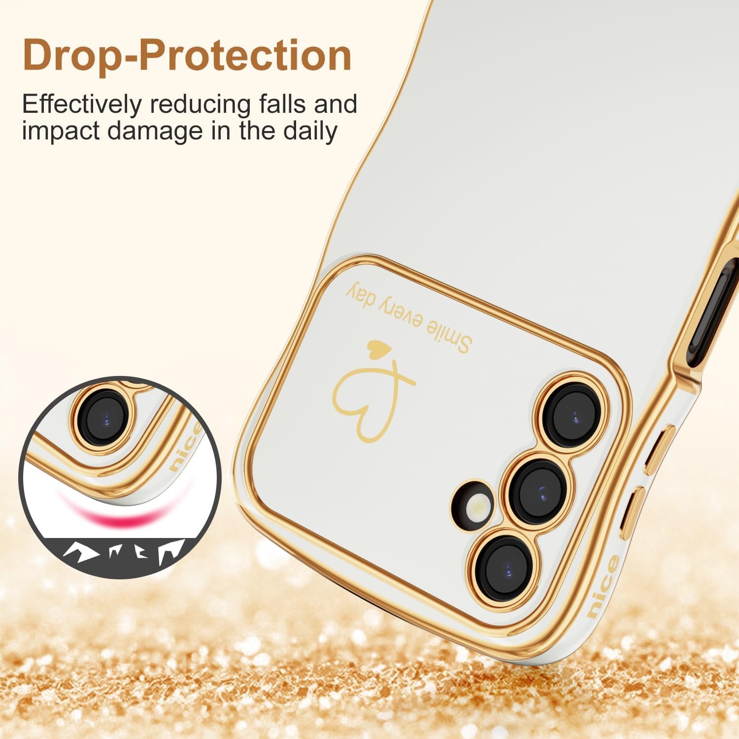 MINSCOSE for Samsung Galaxy A14 5G Phone Case,Luxury Cute Curly Wave Frame with Love Heart Plating Pattern,Raised Full Camera Lens Protection Cover for Women Girls for Galaxy A14 5G-White - Image 5