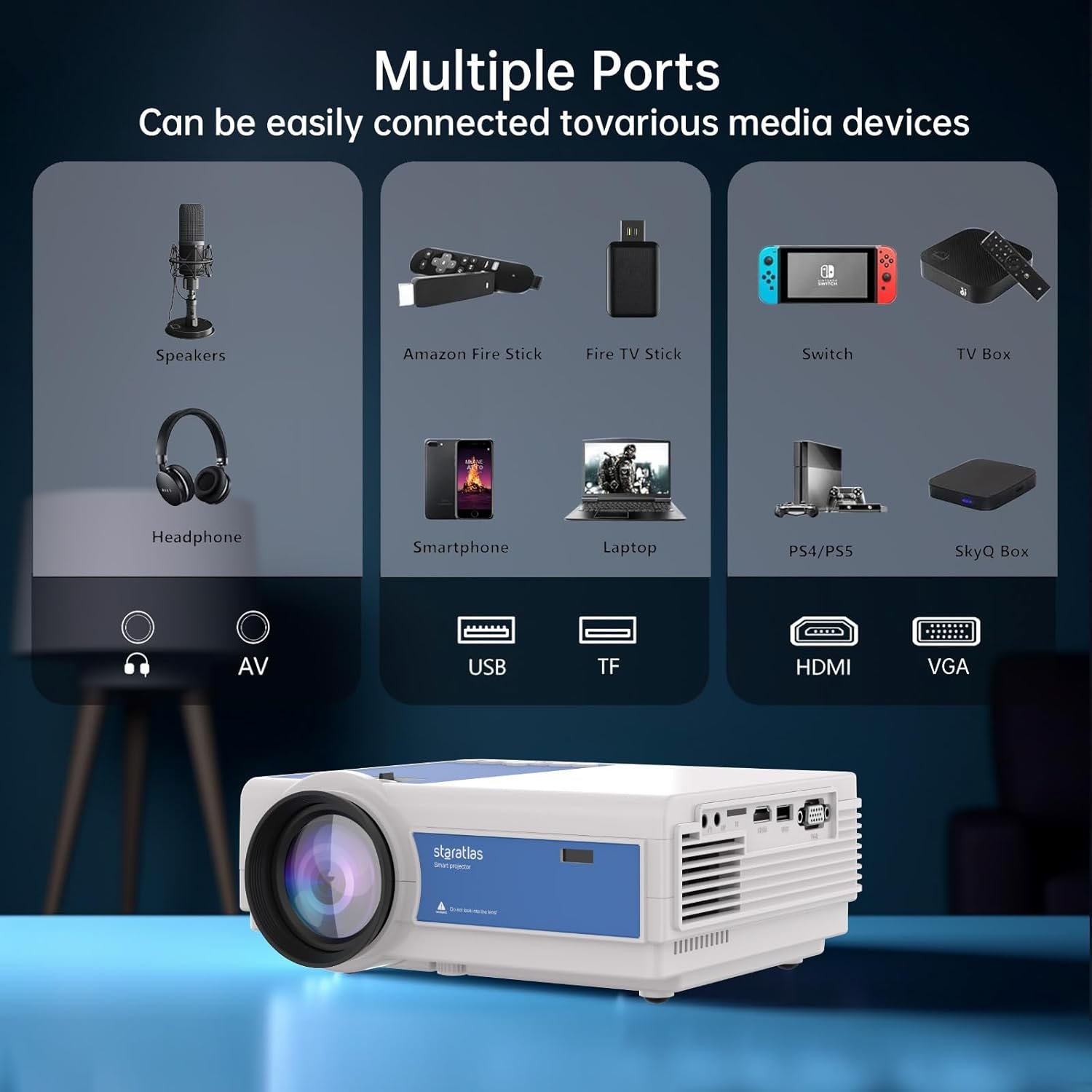 Projector with Wifi and Bluetooth,Staratlas Native Resolution 1080P,Tv Projector for Bedroom,Support Screen Mirror,Mini Portable Projector,12000L,Movie Projector Indoor (Bundle white-blue) - Image 7