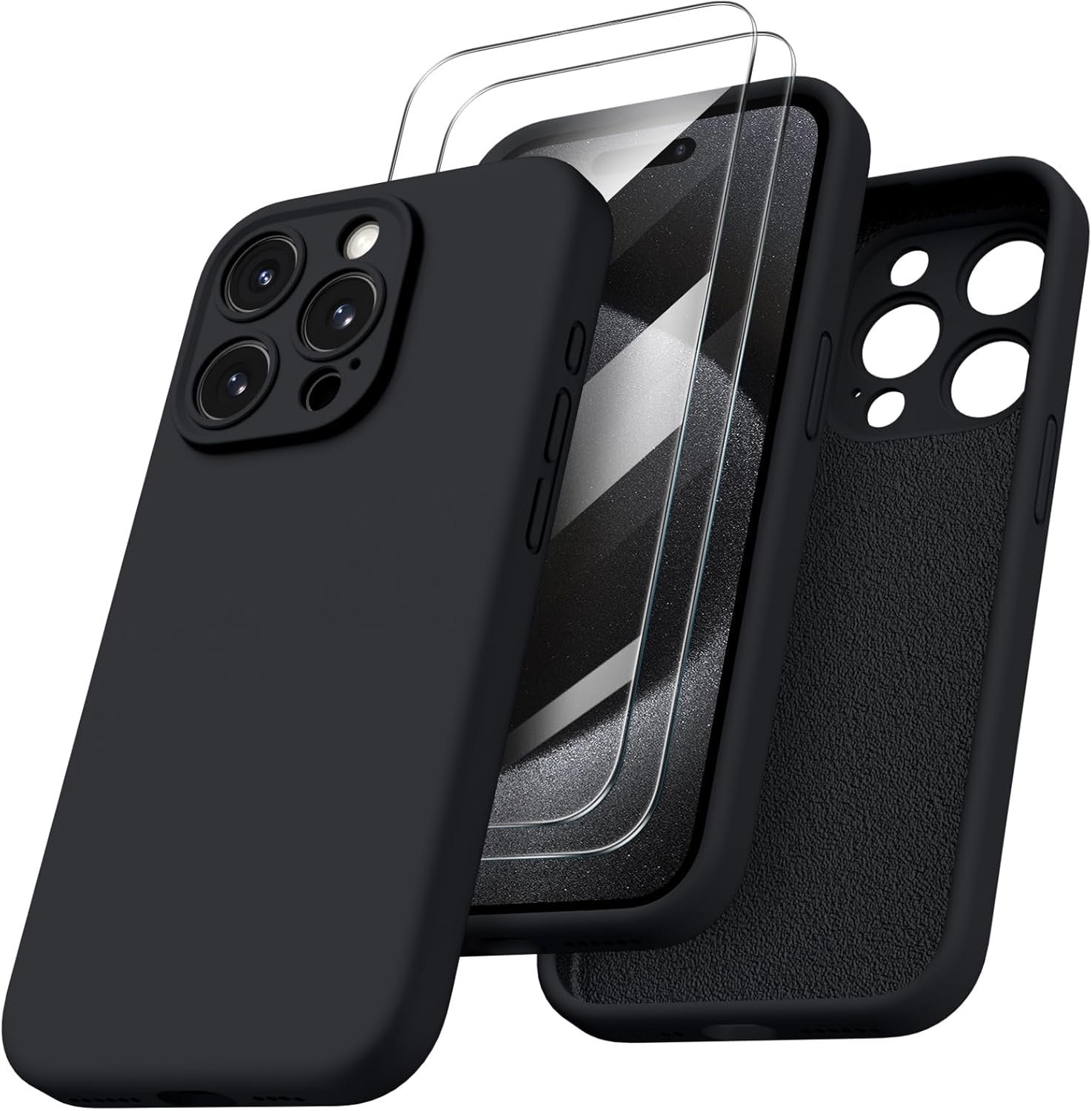 ORNARTO Compatible with iPhone 15 Pro Max Case with 2 x Screen Protector, Shockproof Liquid Silicone Cover, Drop Protection Phone Case for iPhone 15 Pro Max, Black - Image 2