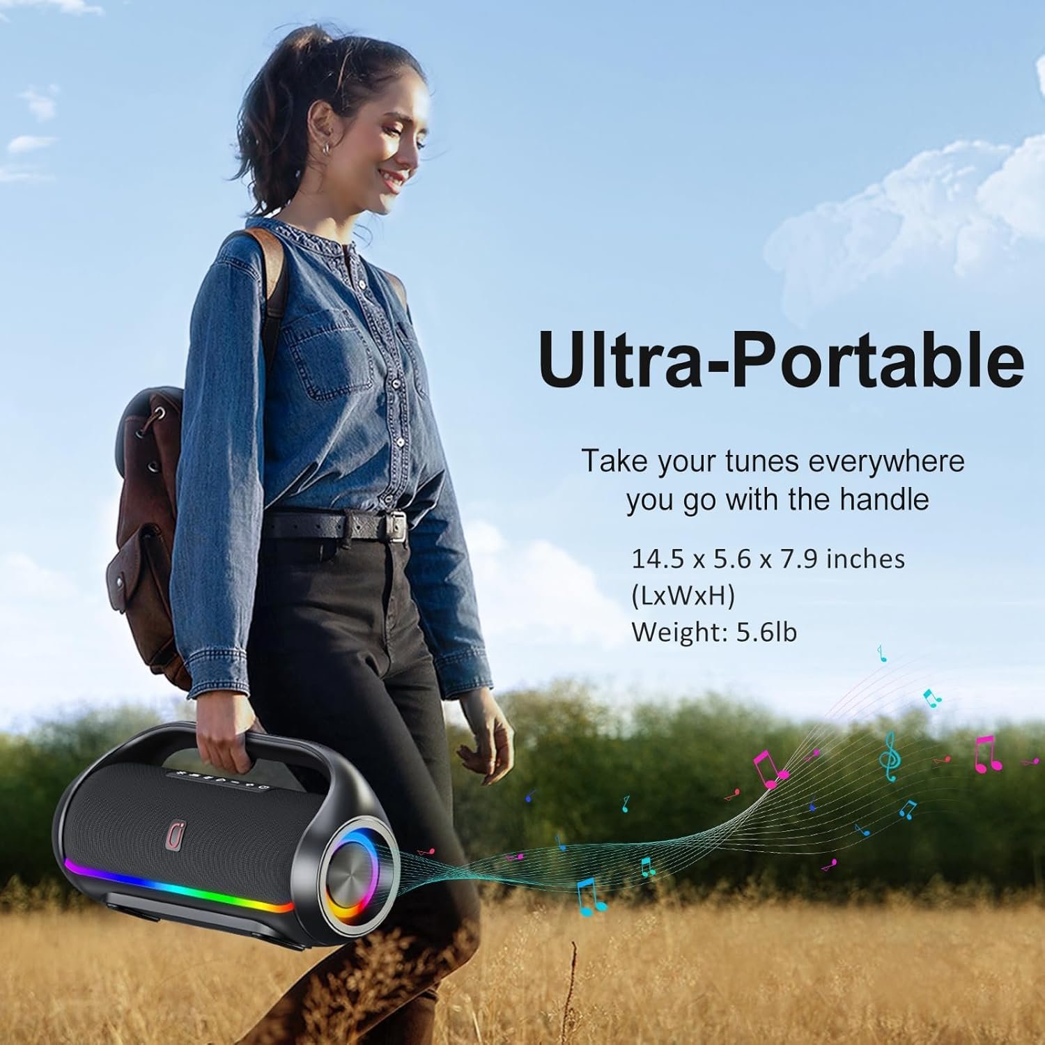 Bluetooth Speaker, IPX5 Waterproof Portable Bluetooth Speaker with Powerful Bass & LED Lights, Loud Stereo Wireless Speaker for Home Party, Beach, Outdoor Camping, Support USB/TF Card/AUX/TWS - Image 7