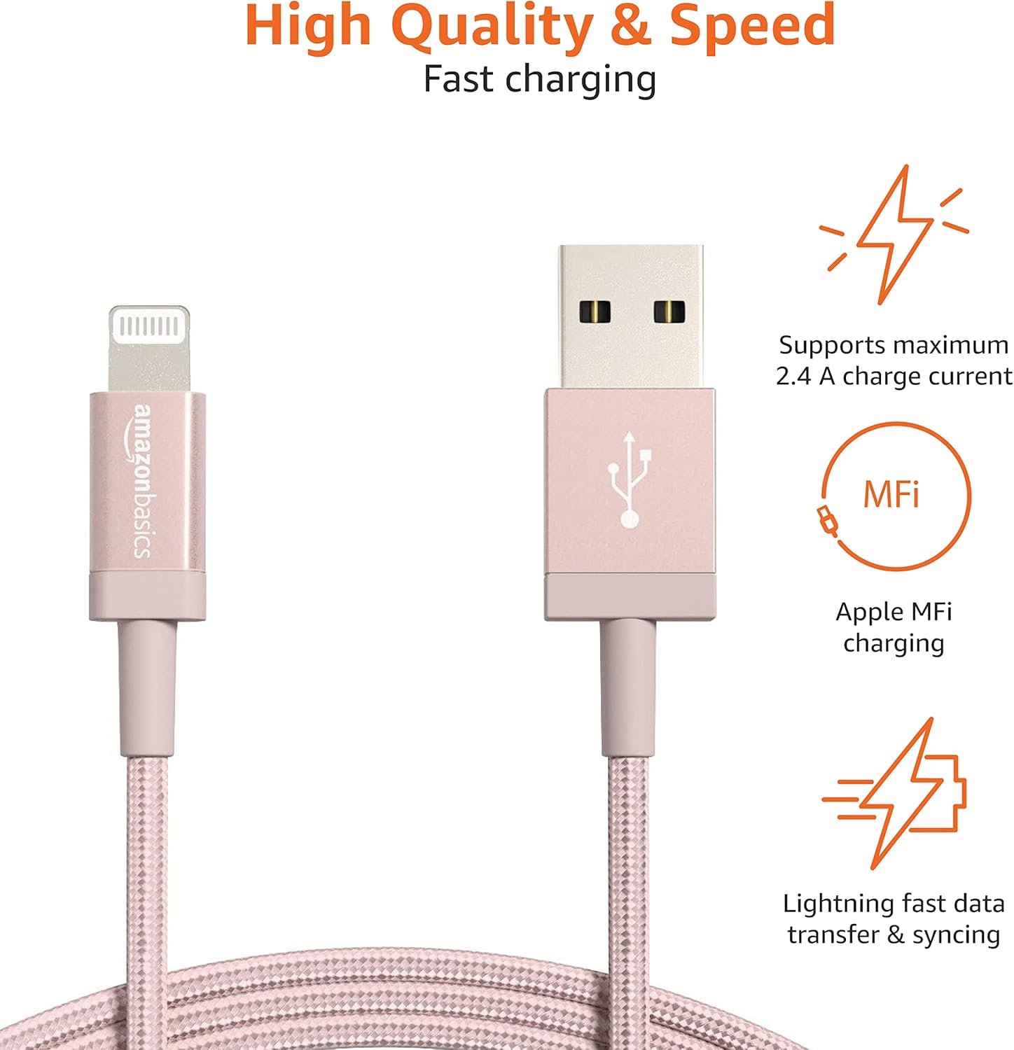 Amazon Basics USB-A to Lightning Charger Cable, Nylon Braided Cord, MFi Certified Charger for Apple iPhone 14 13 12 11 X Xs Pro, Pro Max, Plus, iPad, 3 Foot, Rose Gold - Image 4