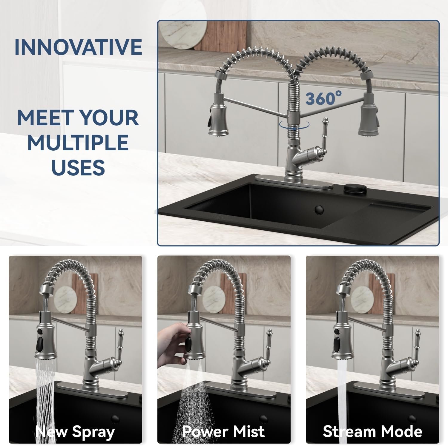 Single Handle Kitchen Sink Faucet with Pull Down Sprayer, Single Level Pull Out Kitchen Faucet, Brushed Nickel - Image 3