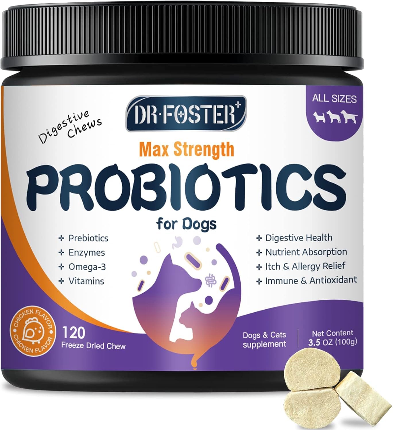 Probiotics for Dogs, Freeze-Dried Dog Probiotics and Digestive Enzymes, Plus Omega-3 for Itchy Skin, 3-in-1 Prebiotics for Digestive Health, Dog Vitamins and Supplements for Immune Health, 120 Bites - Image 2