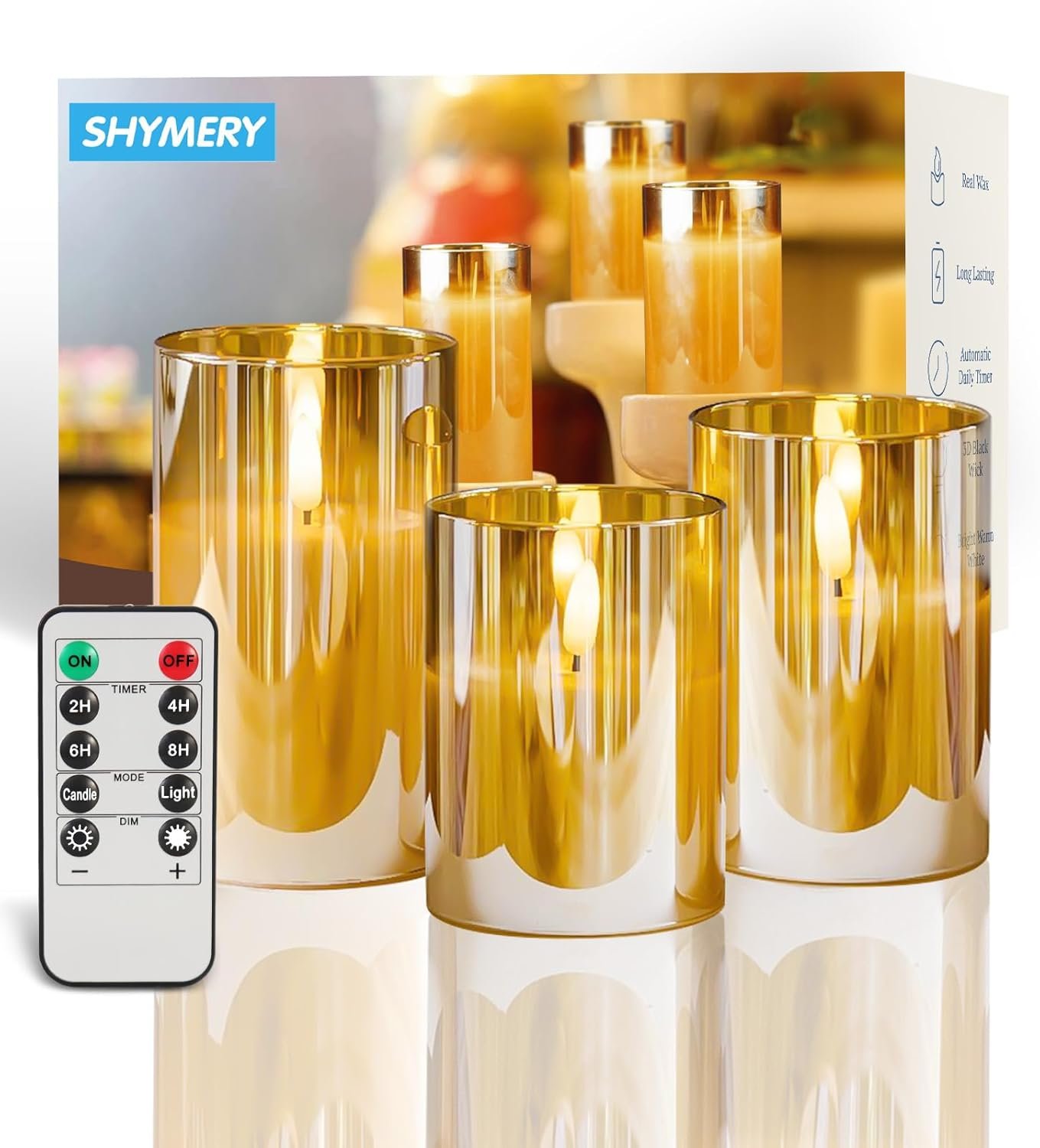 SHYMERY Glass Battery Operated LED Flameless Candles with Remote, Real Wax Flickering Fake Candles for Gold Christmas, Home, Table, Shelf Deco, Set of 3 - Image 2