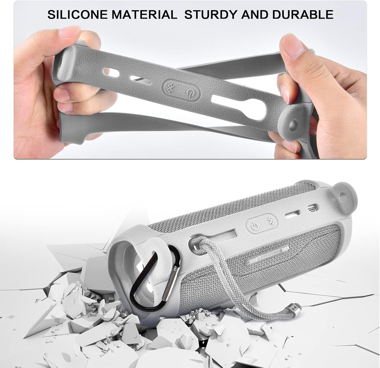 Silicone Case for JBL FLIP 6 Waterproof Portable Bluetooth Speaker, Gel Soft Skin Rubber Cover, Travel Carrying Storage Bag Pouch with Shoulder Strap and Carabiner - Grey - Image 4