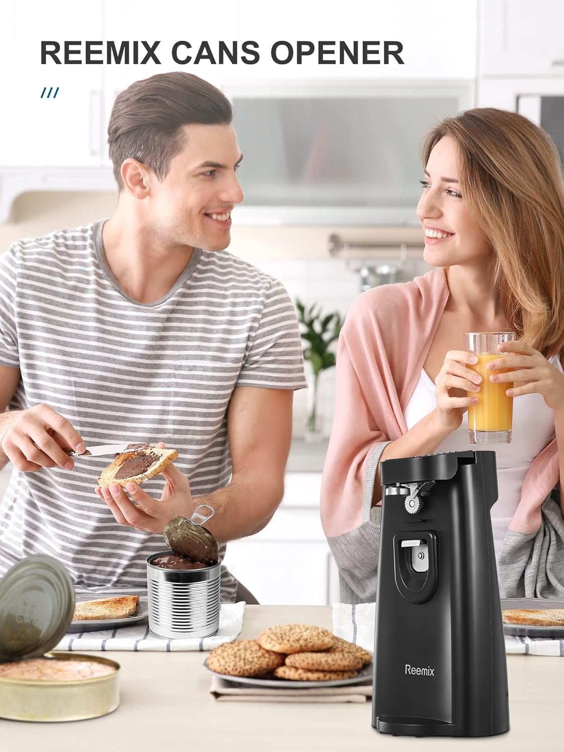 Electric Can Opener, Reemix Automatic Can Opener with Knife Sharpener and Bottle Opener 3 in 1, Easy Push Down Lever (Black) - Image 8