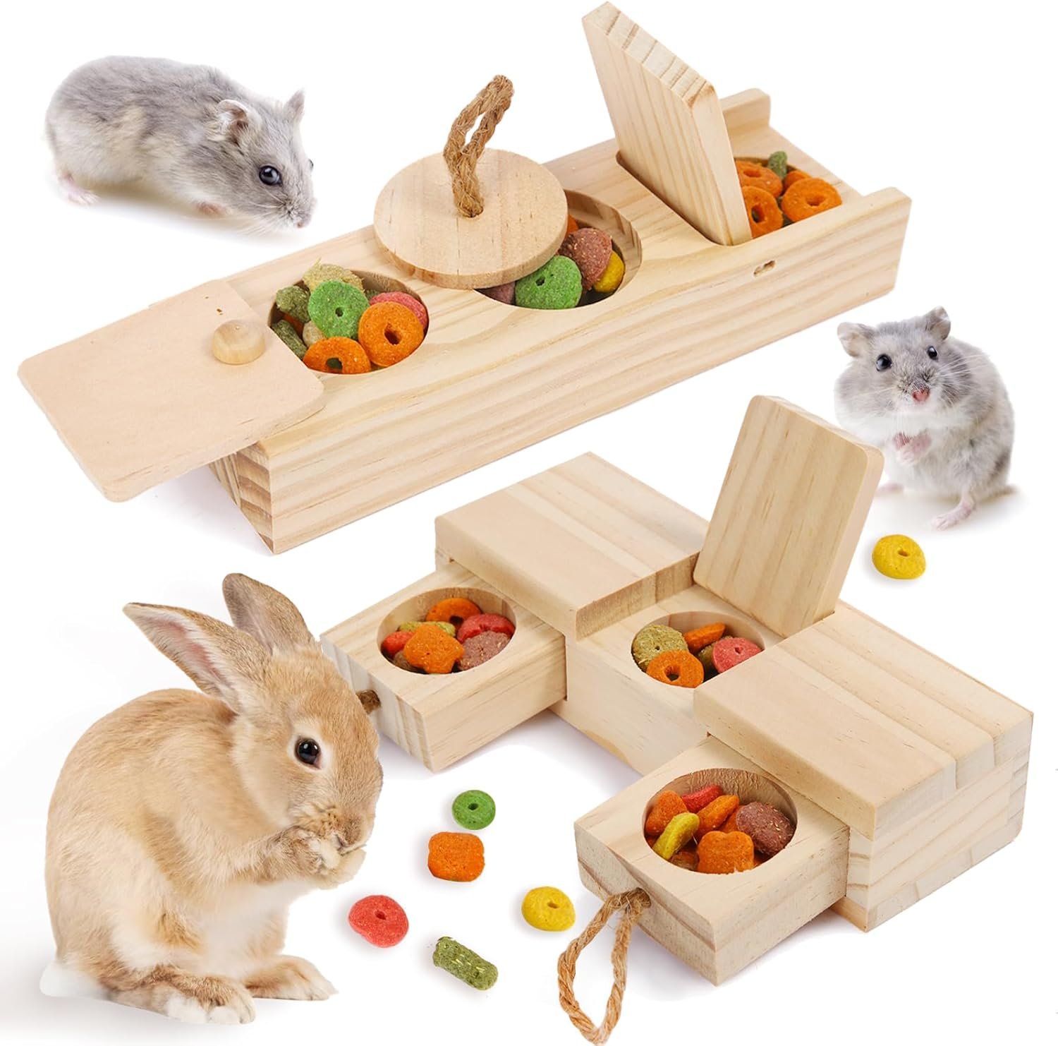 2PCS Interactive Wooden Rabbit Toys,Bunny Puzzle Toys,Sniff n' Snack Rabbit Chew Toys,Enrichment Toys for Bunnies,Hamsters,Guinea Pig,Chinchilla and Other Small Animals - Image 2