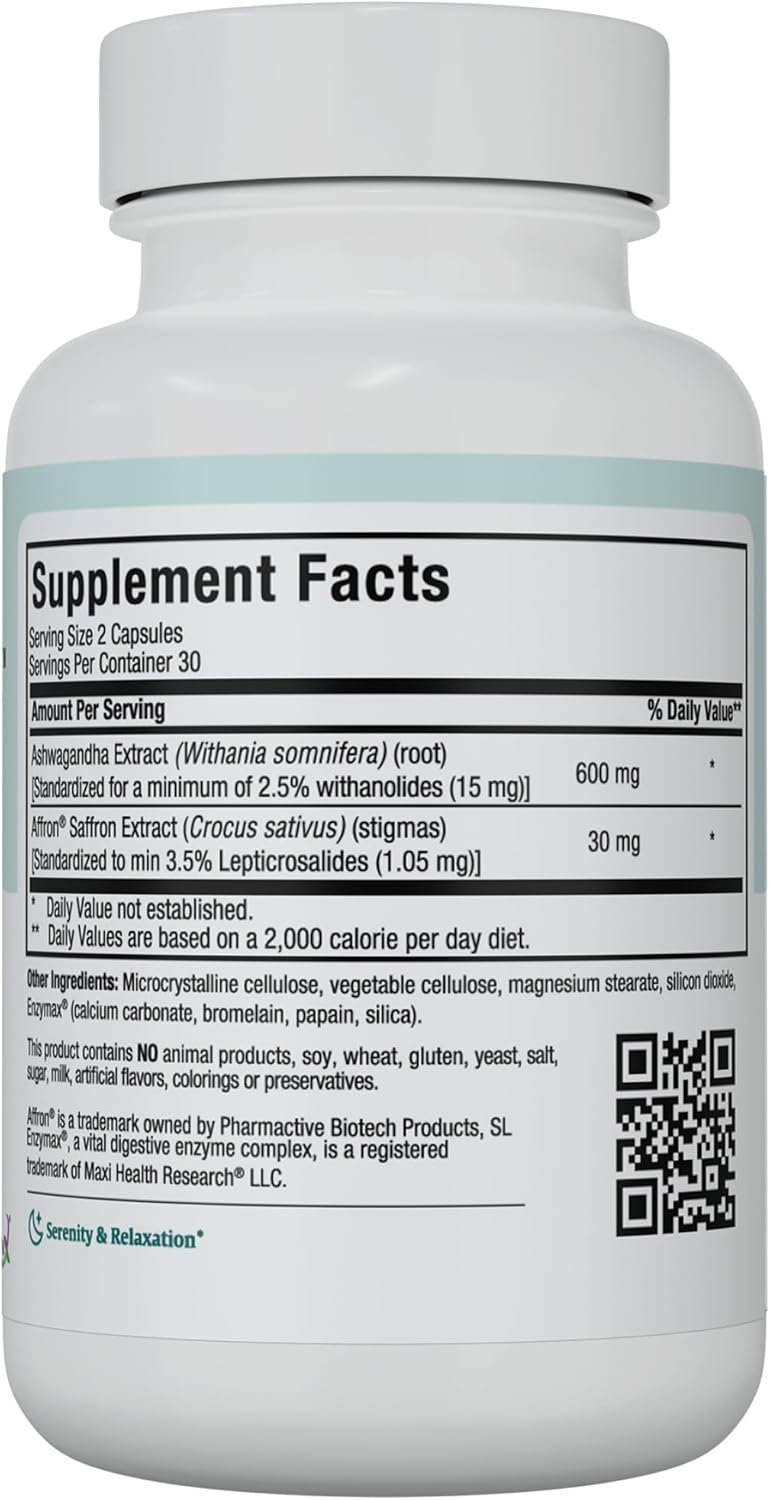 Ashwagandha Saffron Complex - Ashwagandha 600mg with 30mg Saffron Extract - Serenity and Relaxation - Calm and Mood Support - Vegetarian Non GMO Gluten Free Kosher Saffron Supplements, 60 Capsules - Image 3