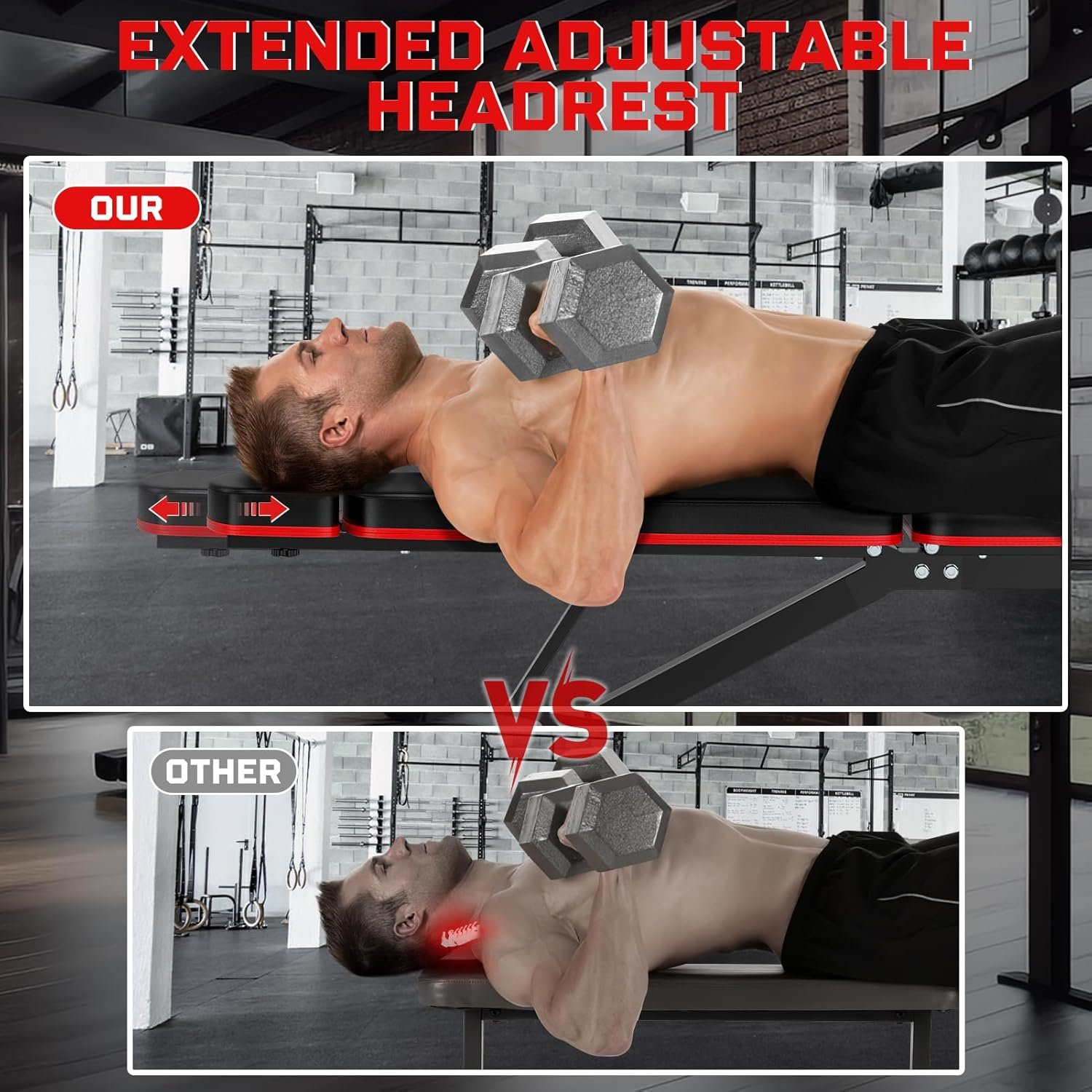 Fostoy Adjustable Weight Bench, 800lbs Workout Bench for Home Gym, Incline Decline Flat Exercise Bench Press for Full Body Strength Training with Extended Headrest and Leg Extension, Red&Black - Image 4