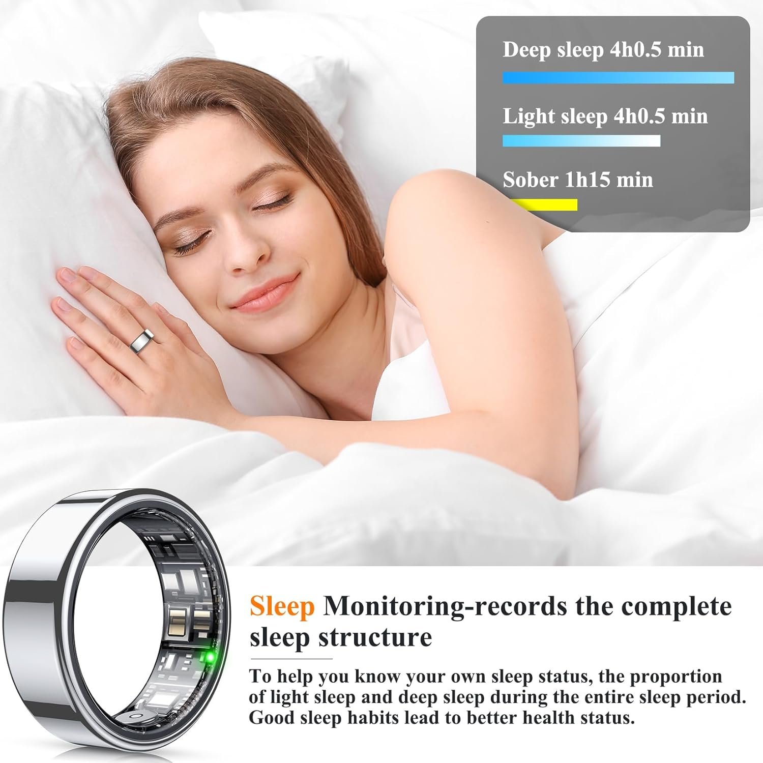 Smart Ring, Heart Rate/Sleep/Blood Oxygen Monitoring, Step Count, Wearable Fitness Tracker, APP Bluetooth Connected, IP68 Waterproof, 7 Days Battery Life, Silver (Size 9) - Image 6