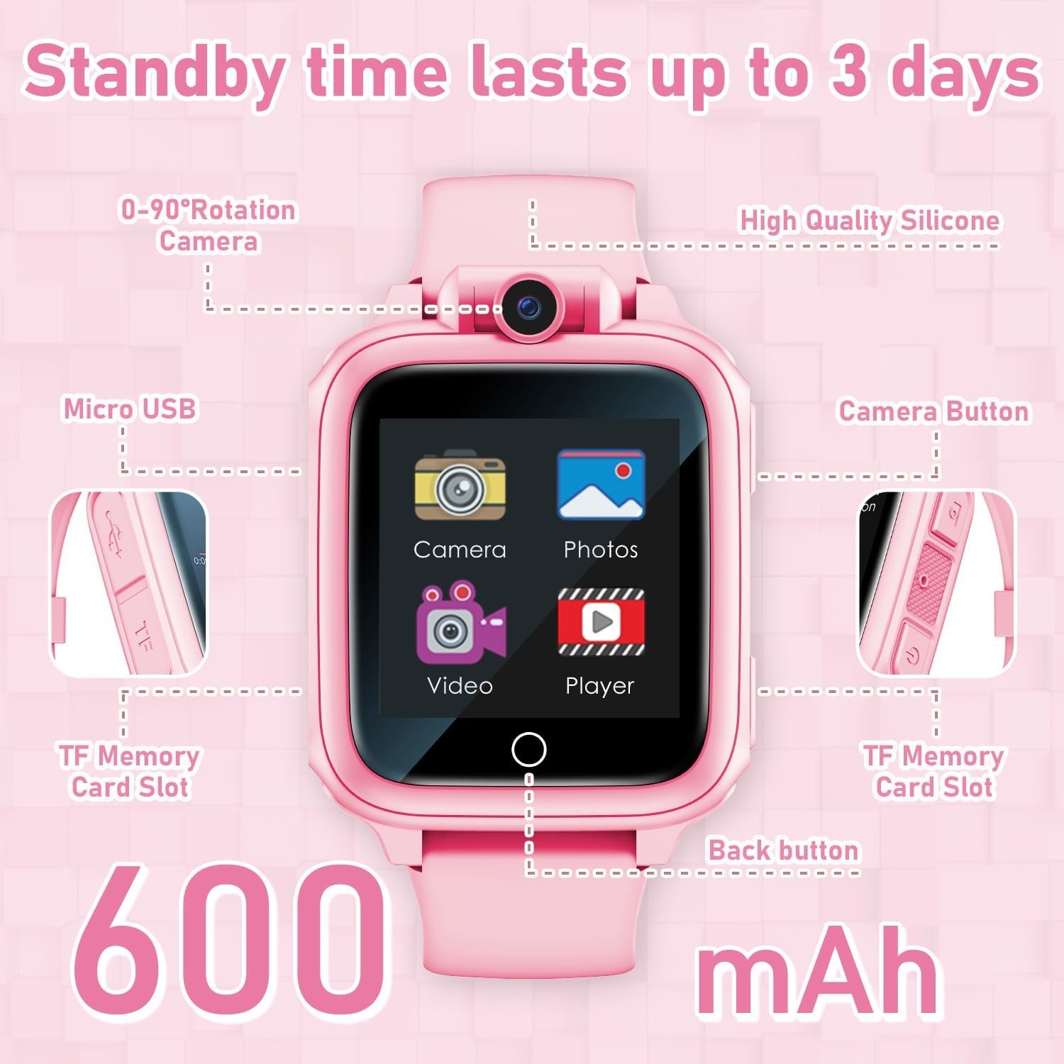 Smart Watch for Kids, Kids Watch with 26 Games Camera Video Recorder Music Alarm Calculator Calendar Flashlight Stopwatch Pedometer, Fun Birthday Gifts Girls Watch Toys for 4-16 Year Olds Pink - Image 8