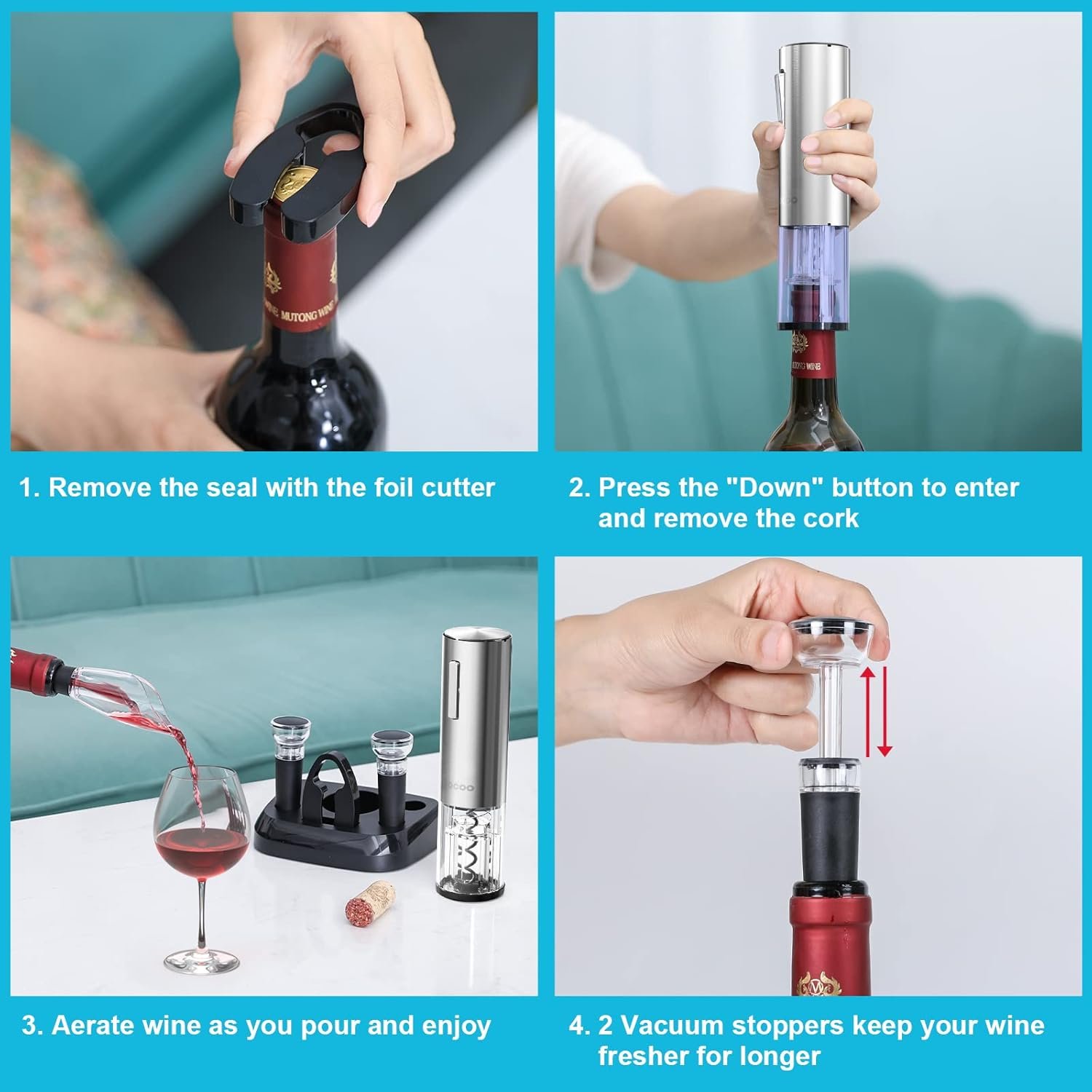 Electric Wine Opener with Charging Base, Moocoo Stainless Steel Automatic Electric Wine Bottle Corkscrew Opener Gift Set with 2-in-1 Aerator & Pourer, Foil Cutter, 2 Vacuum Stoppers, Rechargeable - Image 7