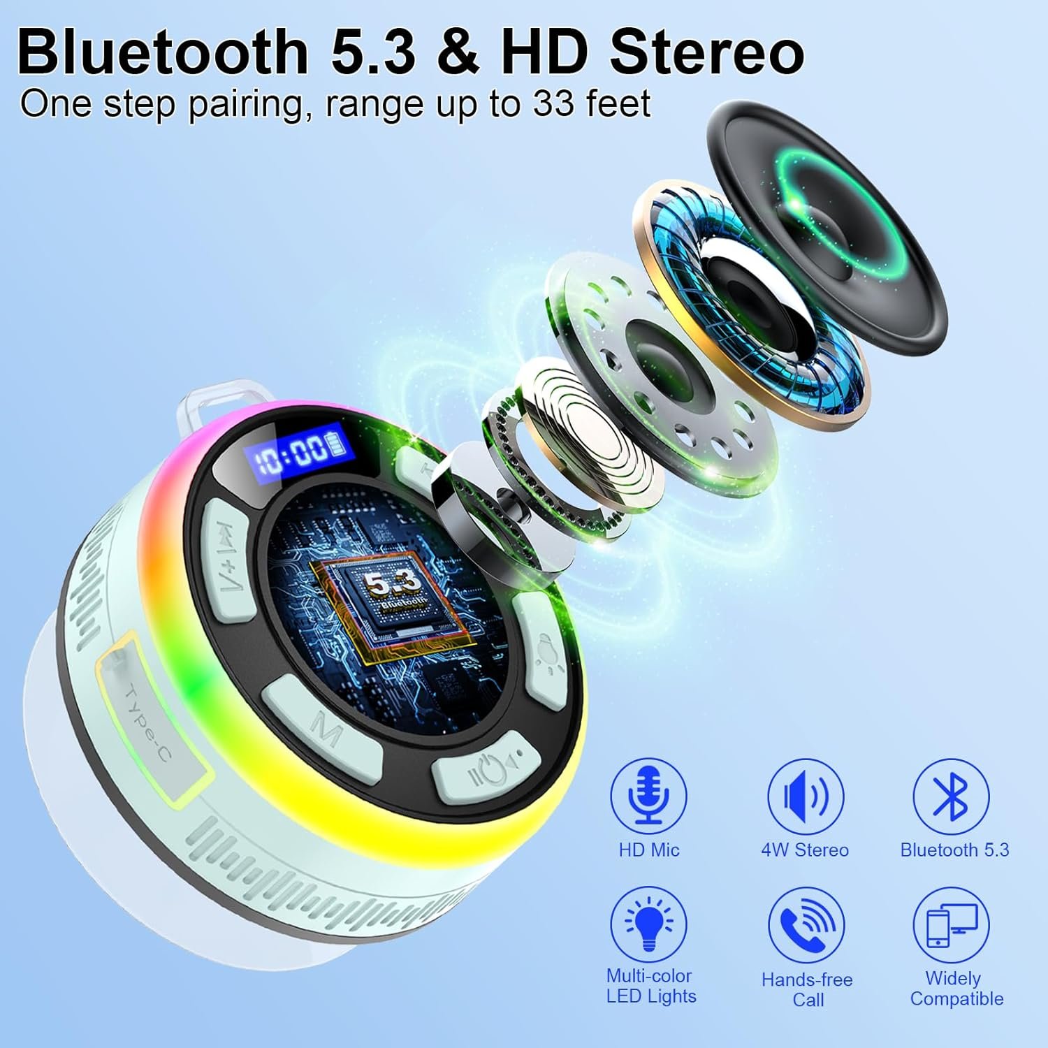 Bluetooth Shower Speaker, Portable Shower Speakers IP7 Waterproof with Suction Cup and Time Display, Dynamic LED Lights and Dual Stereo Pairing, Handsfree Speaker with Mic for Bathroom, Light Cyan - Image 4