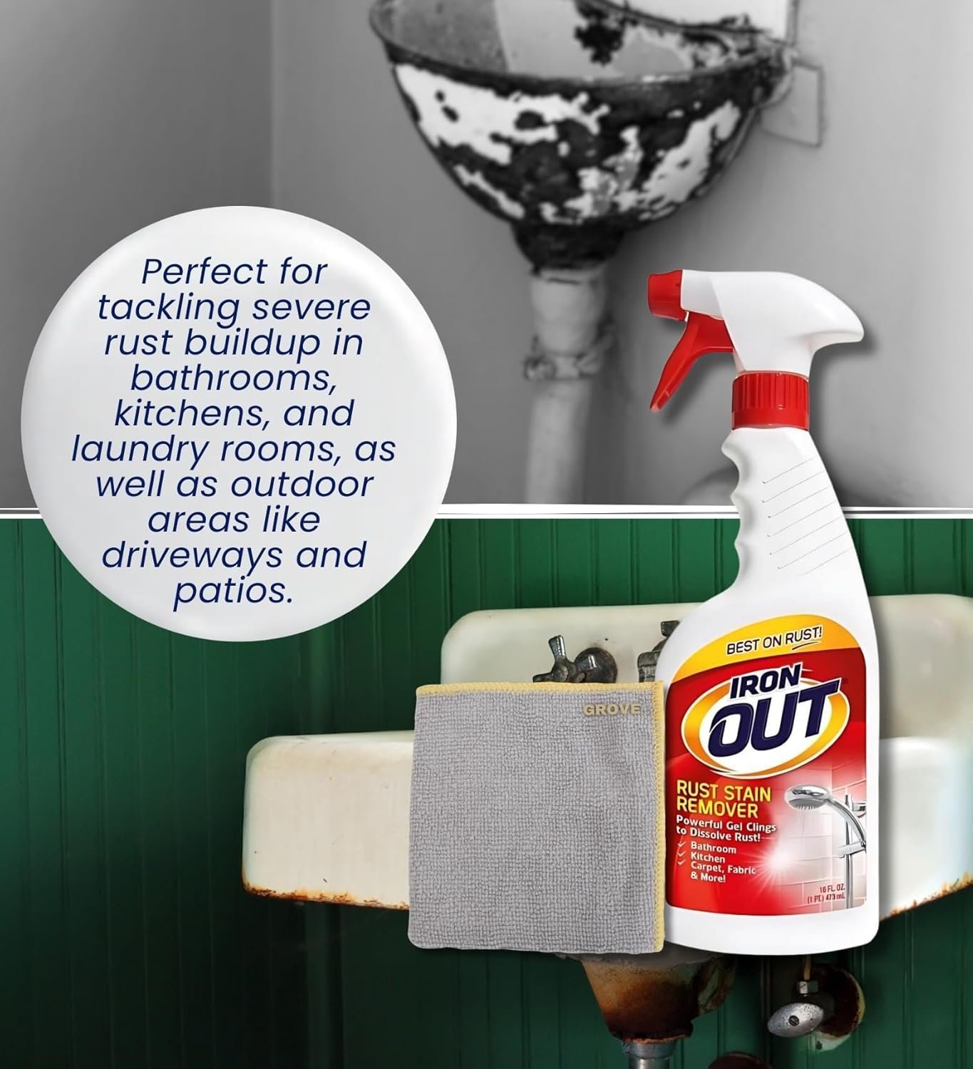 GROVE Rust Remover Spray 16 oz Bundle with Microfiber Cloth - Rust Stain Remover - Hard Water Toilet Stain Cleaner - Dissolves Rust on Tubs, Sinks, and Showers - (2 Items) - Image 5
