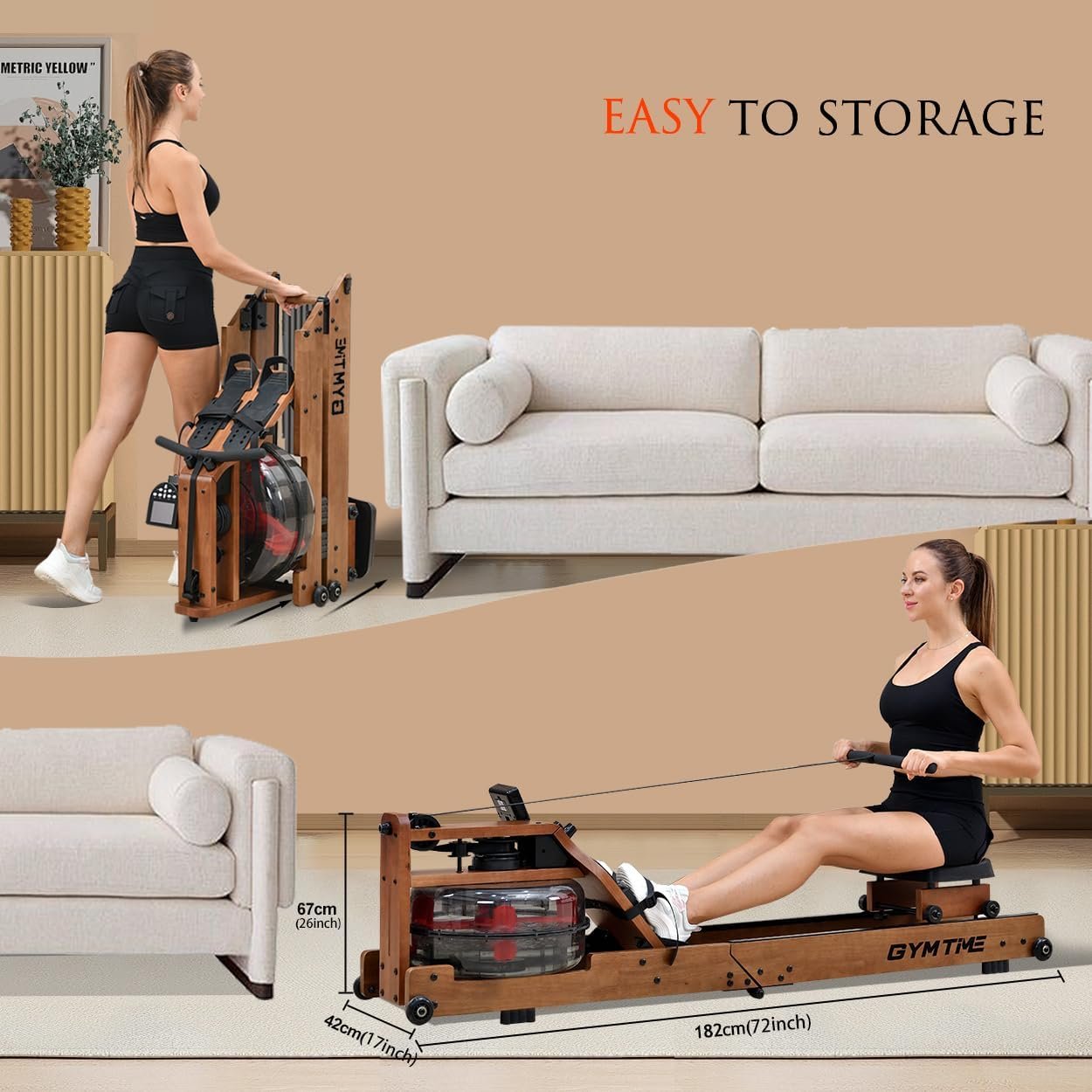 Water Rowing Machine for Home Use, Classic Solid Wood Rower Machine with Bluetooth Monitor for Whole Body Exercise Cardio Training Indoor Gym Sports Training Equipment - Image 4