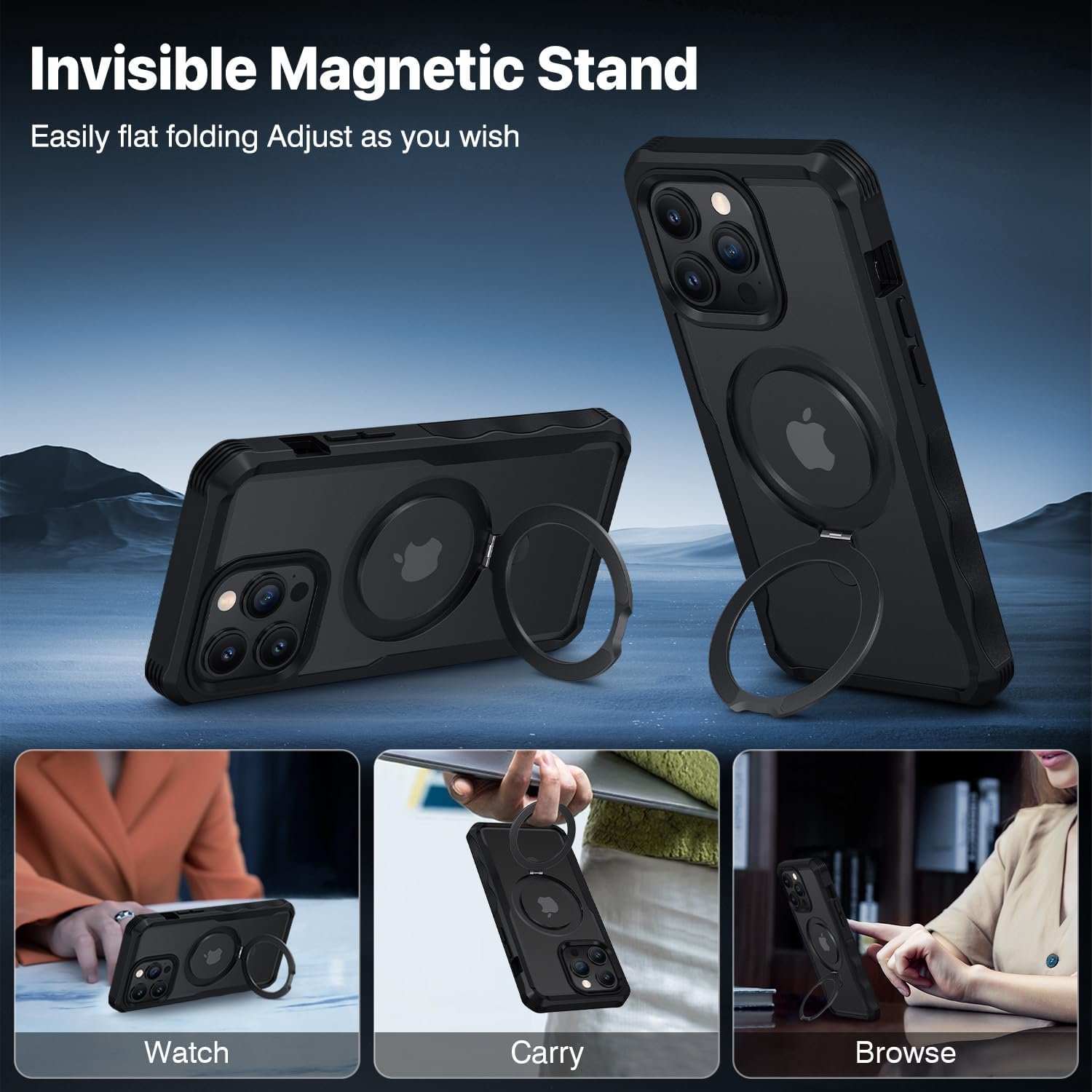 CENHUFO for iPhone 15 Pro Max Case, Privacy Phone Case Compatible with Magsafe Built-in Tempered Glass Privacy Screen Protector and Magnetic Ring Stand, Full Body Shockproof Clear Camera Cover -Black - Image 6