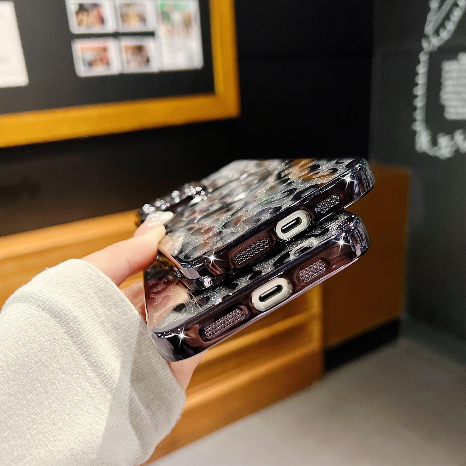 for iPhone 15 Pro Max Case Magnetic,Soft Cute Luxury Leopard Cheetah Pattern Plating Glitter Bling Phone Case Compatible with MagSafe Clear Shockproof Back Cover for Women Girl 6.7"-Black - Image 6