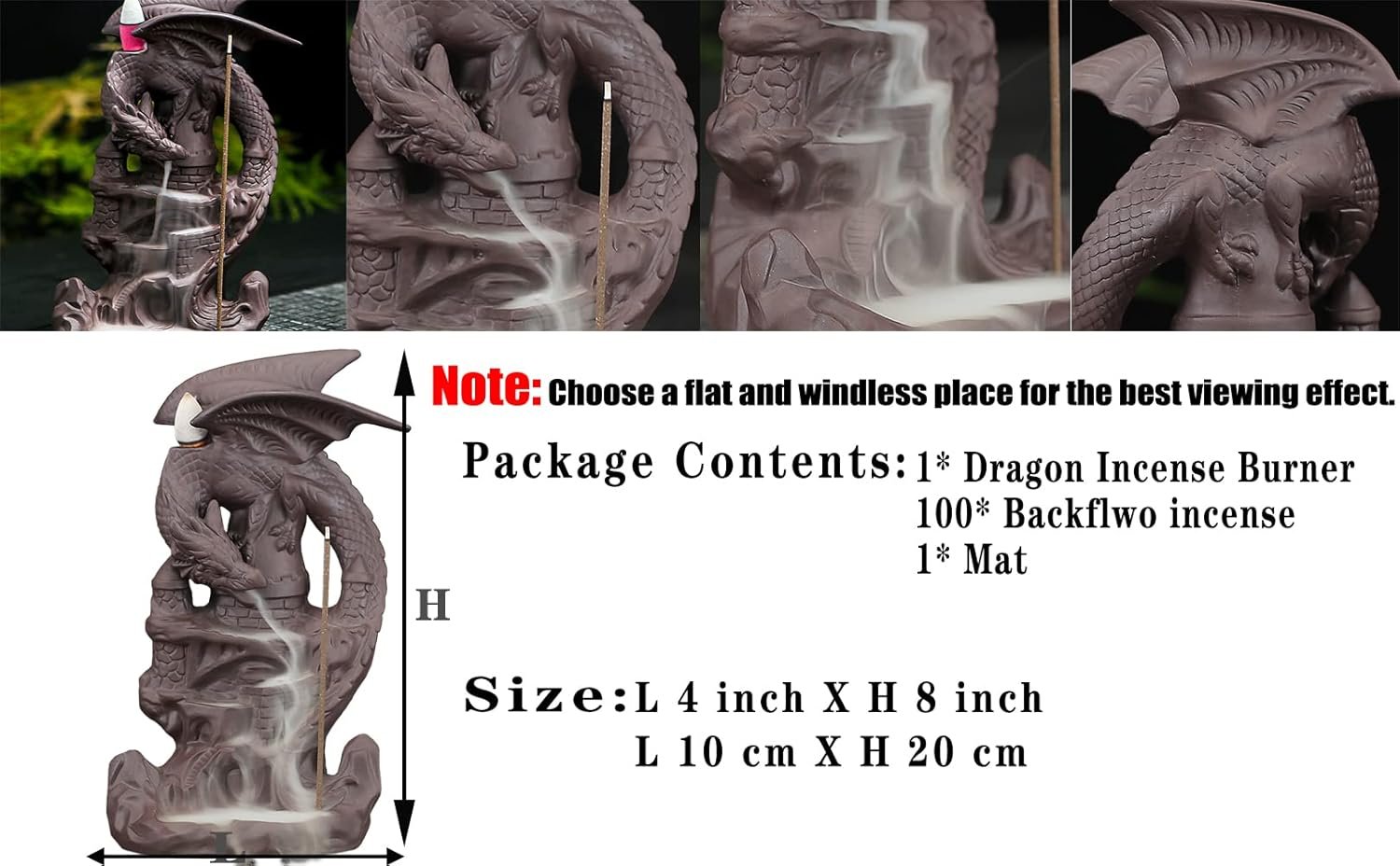 Dragon Backflow Incense Burner Handmade Ceramics Ornamen Statue Fountain Home Decor Waterfall Incense Holder, with 100 Backflow Incense Cones and 1Mat - Image 3