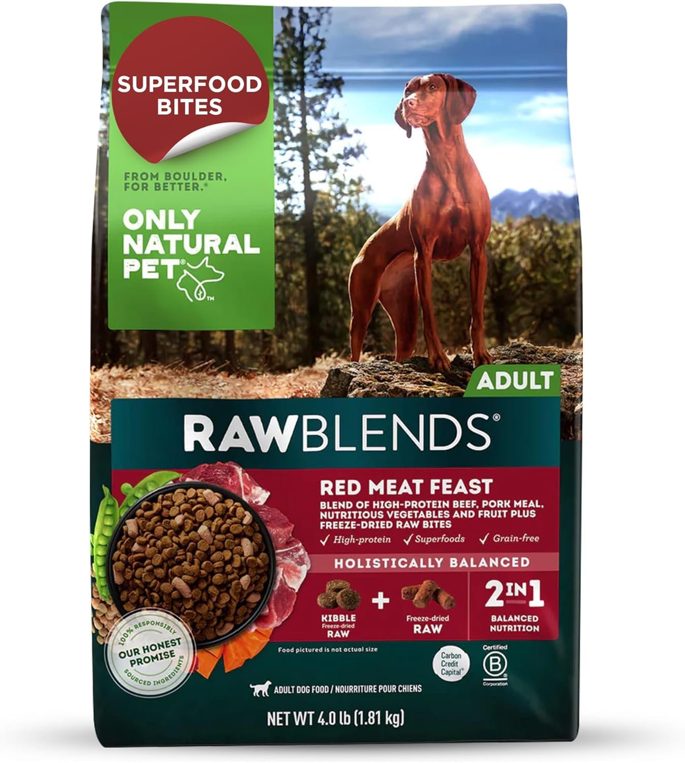 Only Natural Pet Raw Blends Infused Grain Dog Food, High Protein All-Natural Whole Ingredients & 100% Raw Meat Bites, Red Meat Feast, Low Phosphorus, Dehydrated Mix for Large Breed & Picky Eaters, 4lb - Image 2