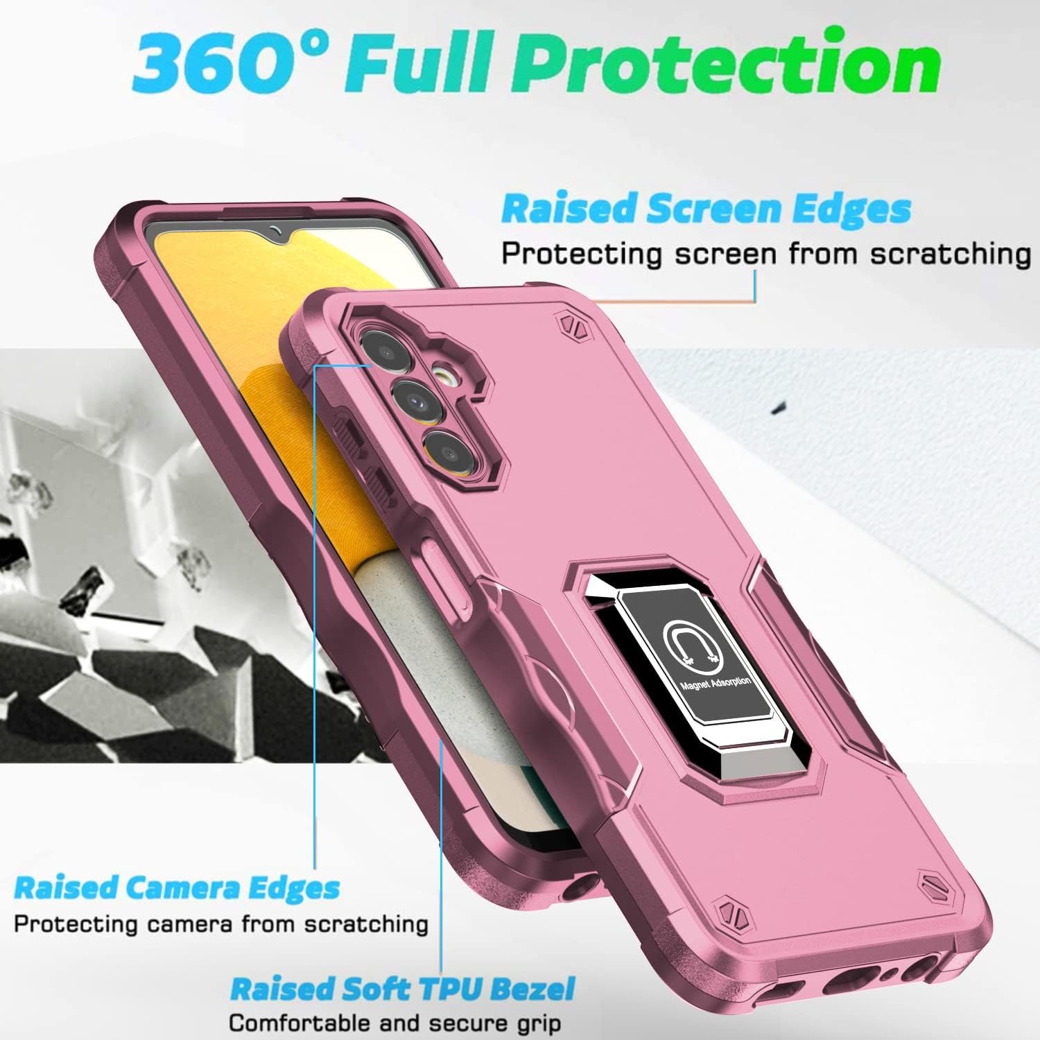 Asuwish Phone Case for Samsung Galaxy A14 5G with Tempered Glass Screen Protector Cover and Slim Ring Holder Stand Hard Hybrid Rugged Kickstand Magnetic Cell Accessories A 14 4G 14A G5 Women Men Pink - Image 5