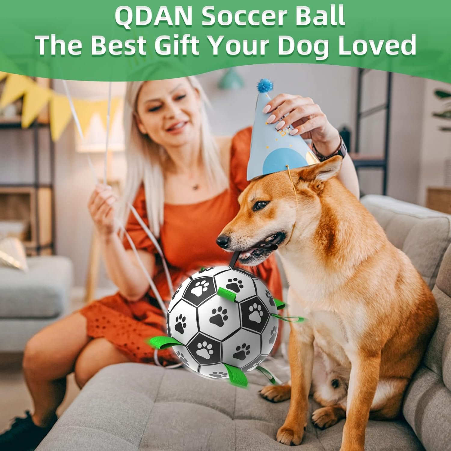 QDAN Dog Soccer Balls Toy with Bell Inside, Outdoor Interactive Dog Toys for Tug of War, Puppy Birthday Gifts, Dog Water Toy, Durable Ropes Squeaky Soccer Dog Ball for Medium and Large Dogs (8 INCH) - Image 3
