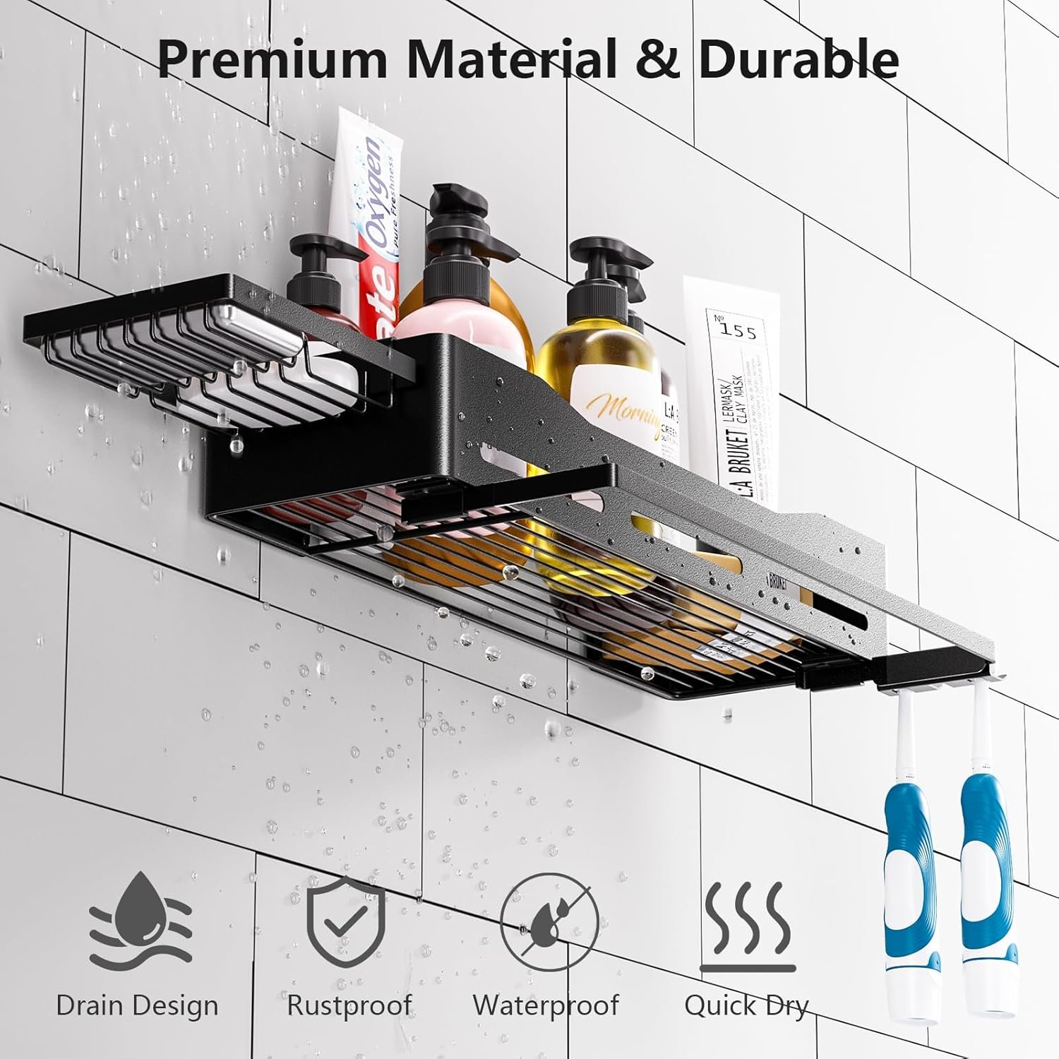 Shower Caddy - 2 Pack No Drilling Adhesive Shower Rack with Soap Holder & 2 Toothbrush Holder - Rustproof Large Capacity Shower Organizer with Towel Rack for Bathroom, Kitchen Storage - Image 5