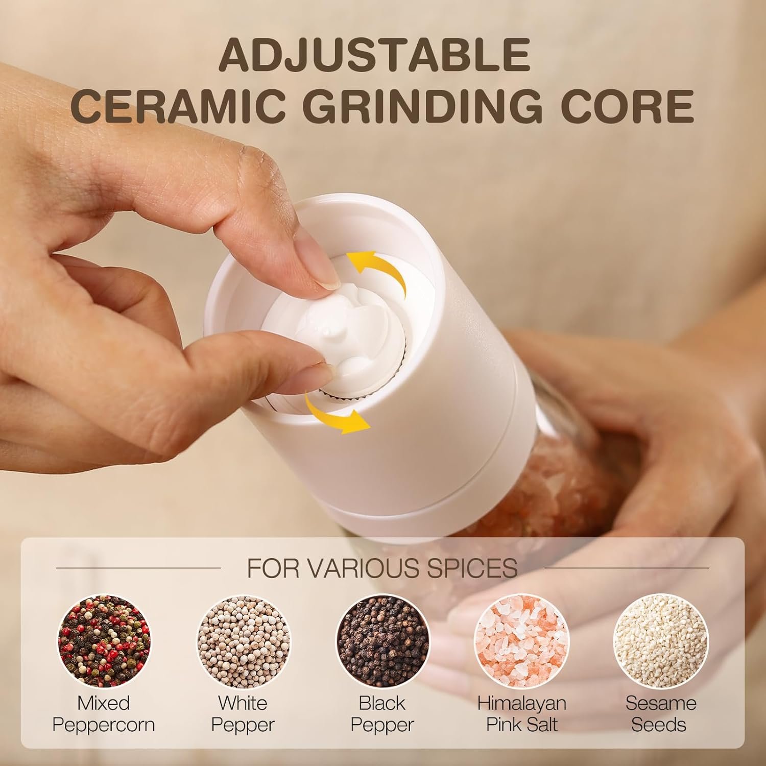 VUCCHINI Salt and Black Pepper Grinder Set - Bamboo Lid and Wood Stand Refillable Sea Salt Grinder Shaker Mills (black and white) - Image 3