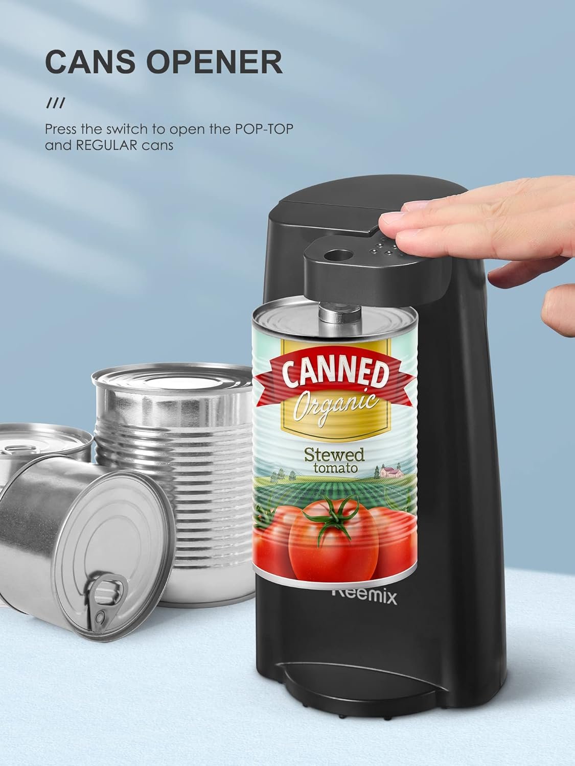Electric Can Opener, Reemix Automatic Can Opener with Knife Sharpener and Bottle Opener 3 in 1, Easy Push Down Lever (Black) - Image 3