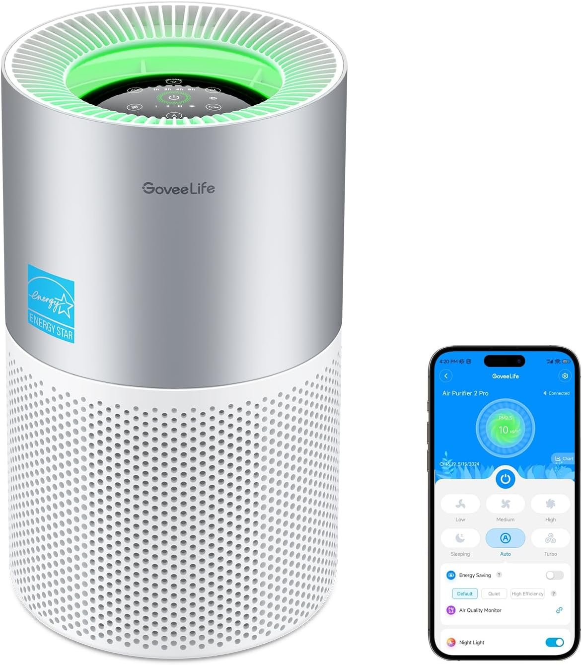 GoveeLife Smart Air Purifier for Homes and Large Rooms with Detachable Pre-filter, Air Quality Monitor, Covers up to 1162ft², App & Alexa Control for Pet Hair, Pollen, Dust, and Smoke - Image 2