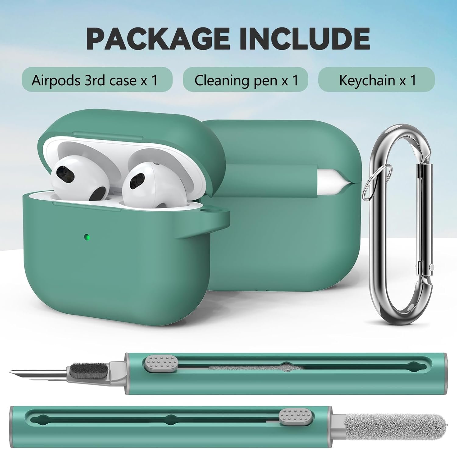 AirPods 3rd Gen Case Cover 2021 with Cleaner Kit,Soft Silicone Protective Case for Apple AirPods 3rd Generation Charging Case with Keychain,Shockproof AirPod 3 Case for Women Men-Pine Green - Image 4