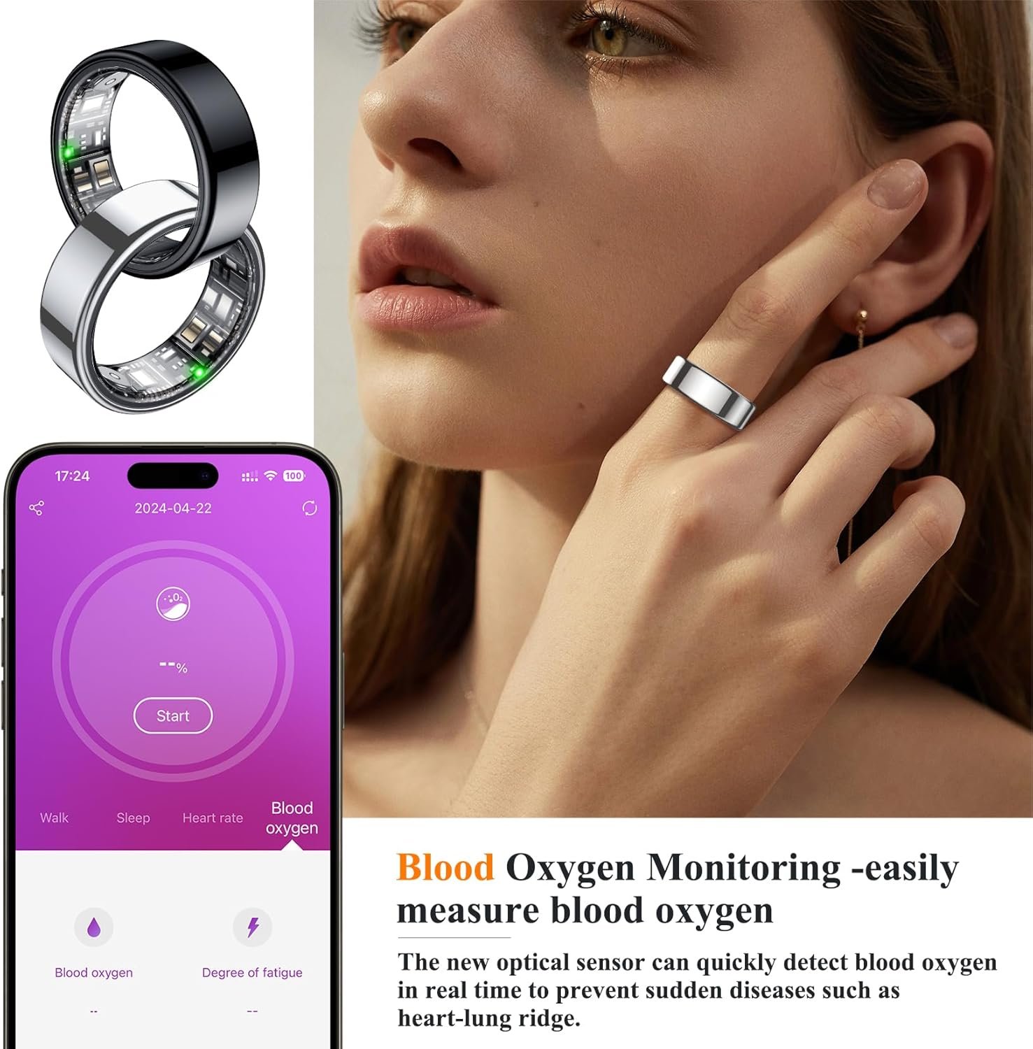 Smart Ring, Heart Rate/Sleep/Blood Oxygen Monitoring, Step Count, Wearable Fitness Tracker, APP Bluetooth Connected, IP68 Waterproof, 7 Days Battery Life, Silver (Size 9) - Image 4