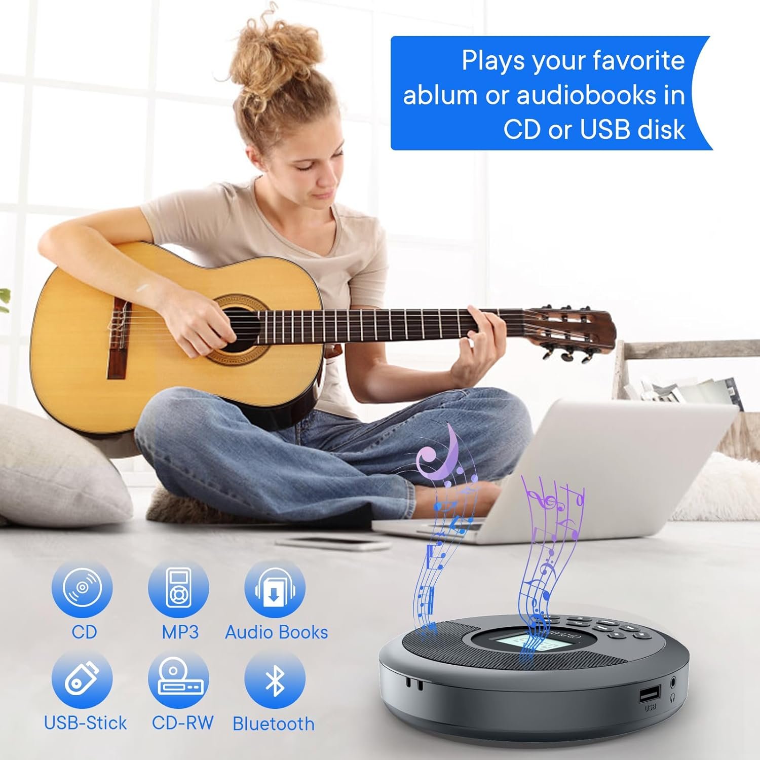 Portable CD Player with Bluetooth,Rechargeable CD Player for Car with Speakers,Walkman CD Player with Headphones and Anti-Skip Protection,Discman with LCD Display,AUX Cable. - Image 3