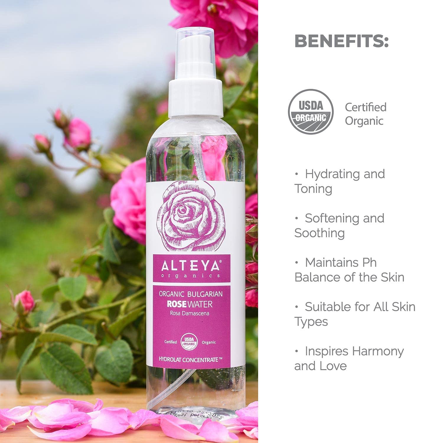 Alteya Organics Rose Water USDA Certified Organic Facial Toner, 8.5 Fl Oz/250mL Pure Bulgarian Rosa Damascena Flower Water, Award-Winning Moisturizer BPA-Free Spray Bottle - Image 5