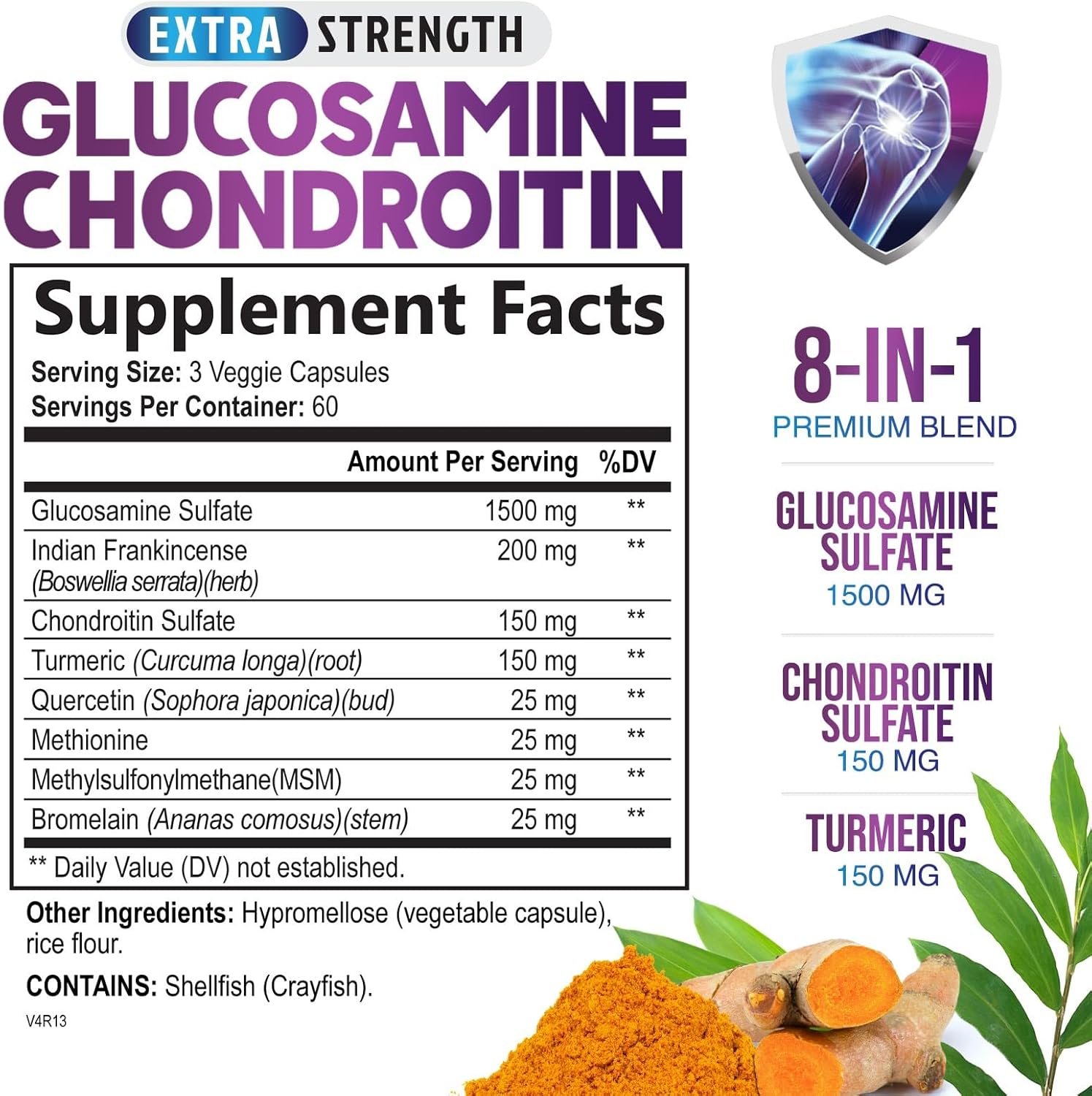 Glucosamine Chondroitin Supplements MSM Complex - Joint Support with Turmeric, Boswellia, Quercetin for Joints, Back, Hands, Bones, Knees & Mobility, Triple Strength Glucosamine Sulfate - 180 Capsules - Image 3