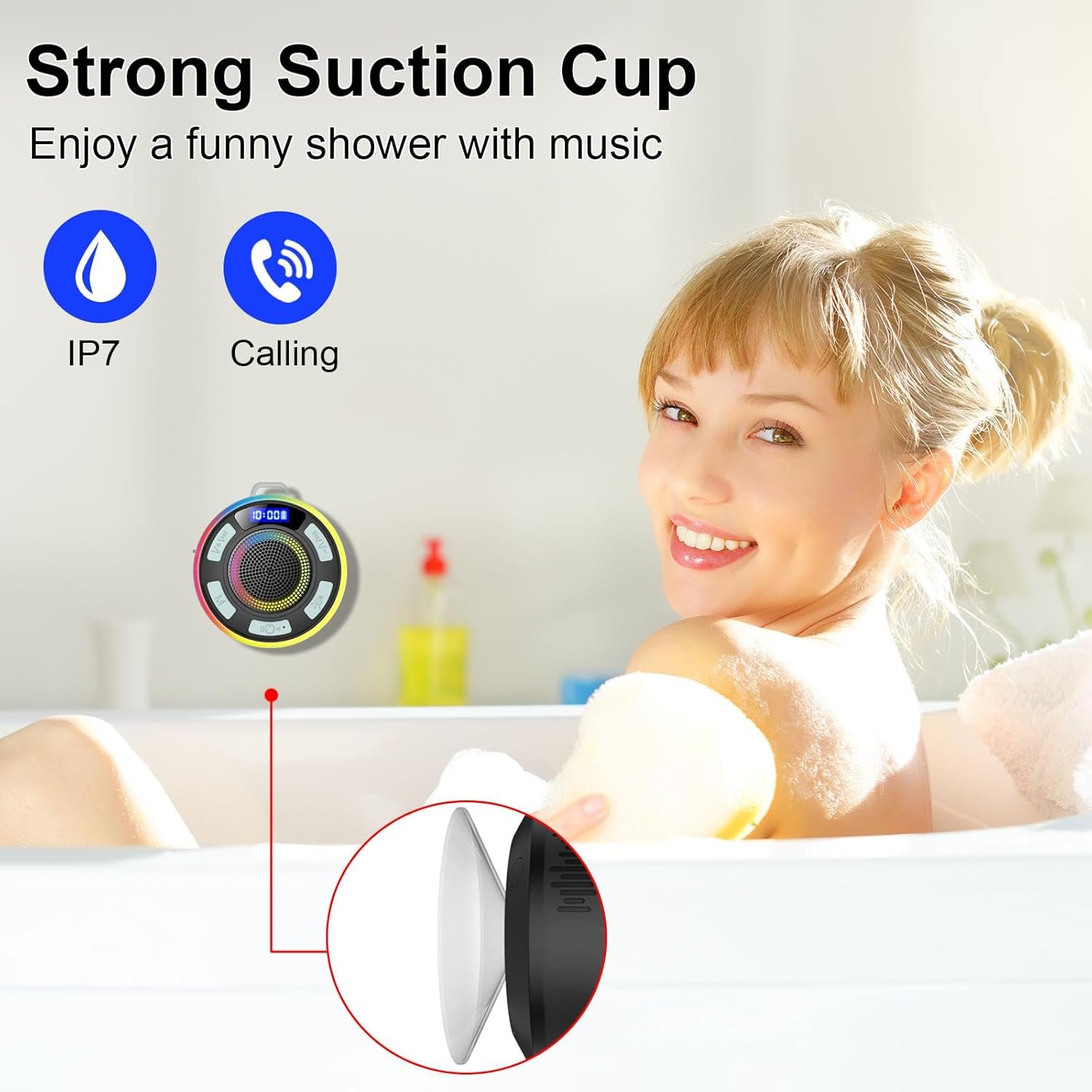 Bluetooth Shower Speaker, Portable Shower Speakers IP7 Waterproof with Suction Cup and Time Display, Dynamic LED Lights and Dual Stereo Pairing, Handsfree Speaker with Mic for Bathroom, Light Cyan - Image 3