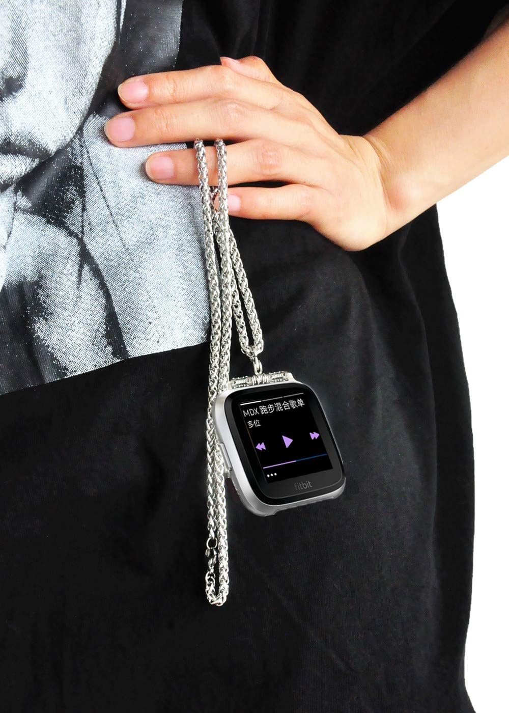 Stainless Steel Chain Necklace Smartwatch Band Compatible with Fitbit Versa 1/2/Lite Newest Polished Silver Metal Wheat Chain Strap Rope Neckband Replacement Accessories Wearable Technology Women Men - Image 4