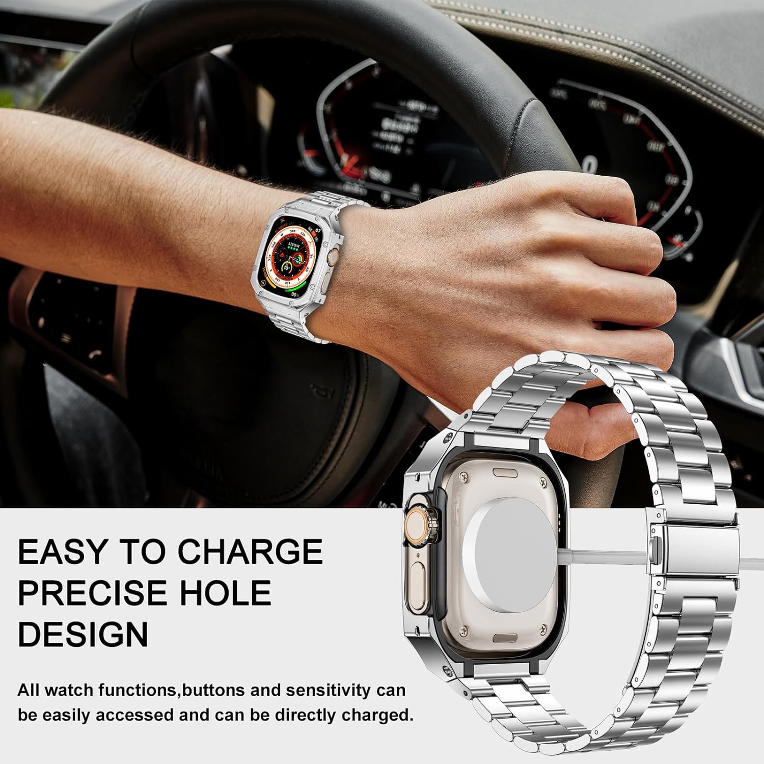Stainless Steel Watch Band with Case Compatible with Apple Watch Ultra 2 1 band (49mm), Rugged Strap with Metal Protective Bumper Cover for iWatch Bands Men (Silver) - Image 7