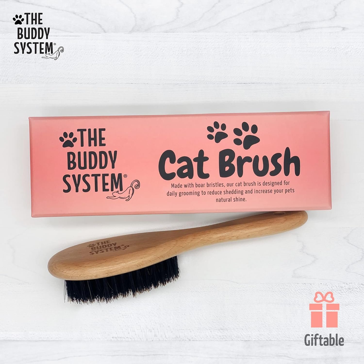 The Buddy System Cat Brush with Boar Bristle and Wooden Handle, Professional Grade Daily Grooming Hairbrush, Reduce Shedding, Soft Hair and Healthy Shine (1 Pack) - Image 7