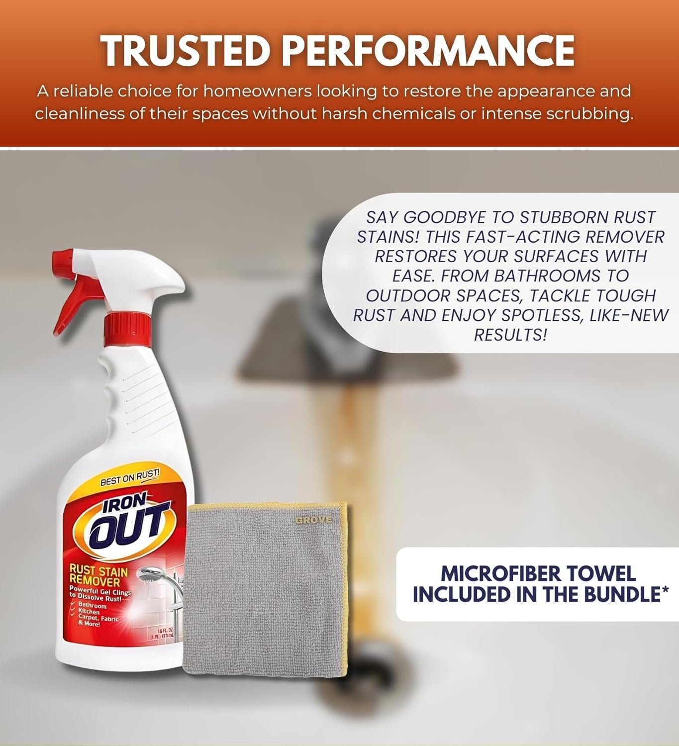 GROVE Rust Remover Spray 16 oz Bundle with Microfiber Cloth - Rust Stain Remover - Hard Water Toilet Stain Cleaner - Dissolves Rust on Tubs, Sinks, and Showers - (2 Items) - Image 4