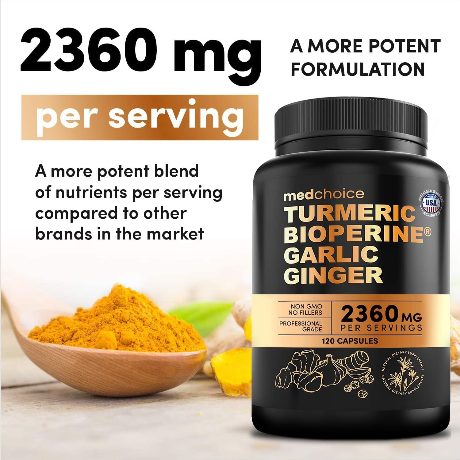 4-in-1 Turmeric and Garlic Supplements with Bioperine 2360 mg (120 ct) Turmeric Ginger Root Capsules with Garlic - Turmeric Curcumin with Black Pepper for Joint, Digestion & Immune Support (Pack of 1) - Image 7