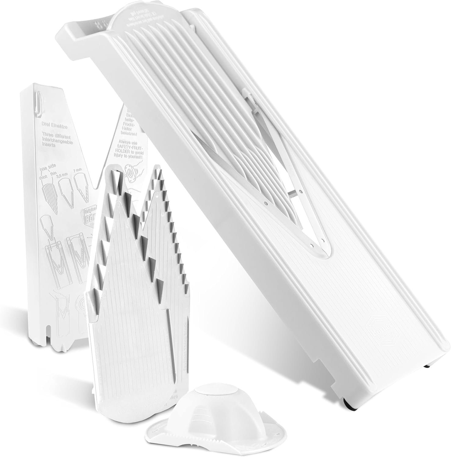 Börner Mandoline Slicer V3 (Starter Set) • V-Slicer for 5 Cutting Styles with Fruit Holder • Adjustable Vegetable Slicer for Vegetables & Fruits • Stainless Steel V-Blade • Color: White - Image 9